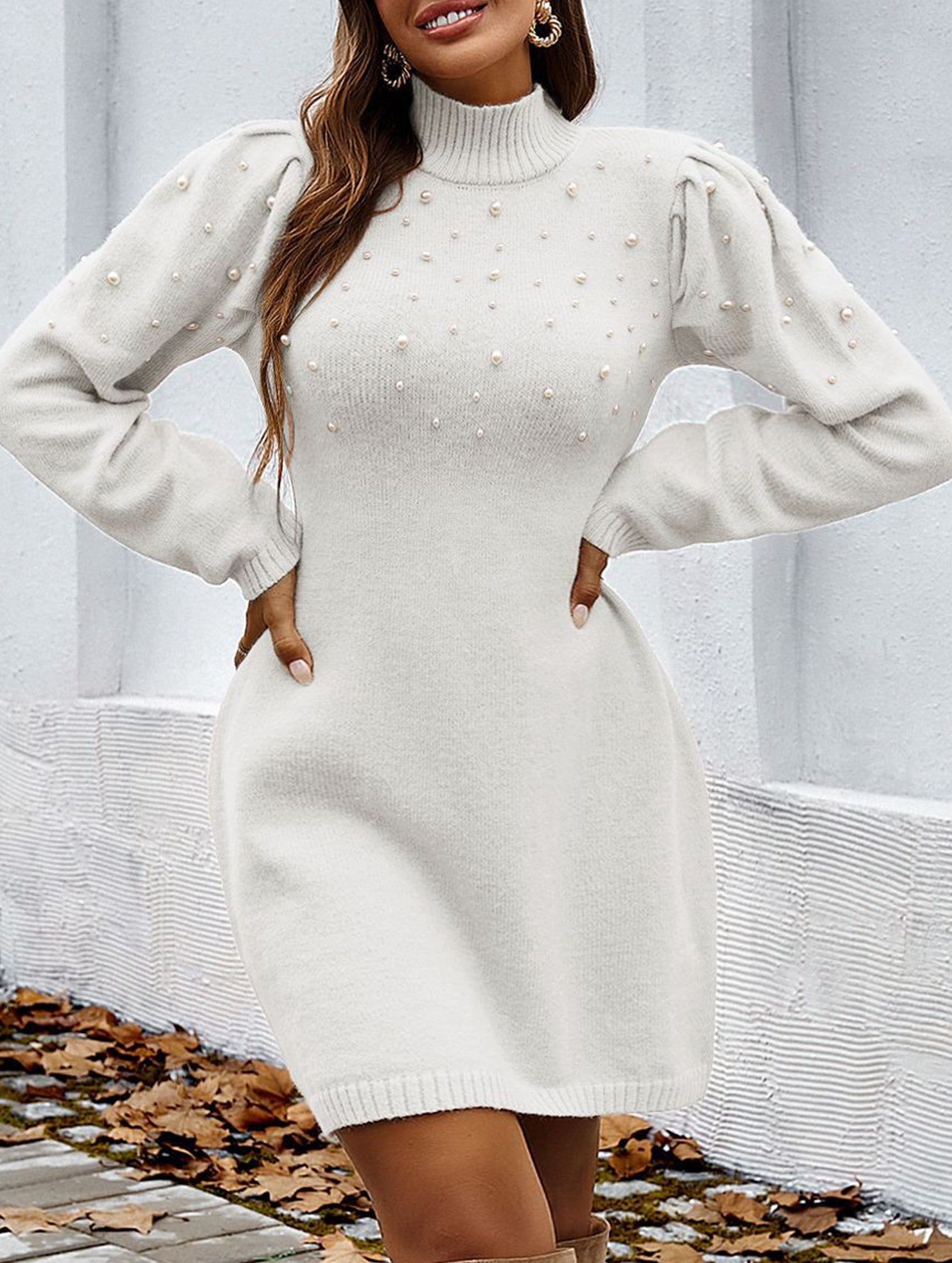 Anna-Berg | Solid Color Long-Sleeved Sweater Dress