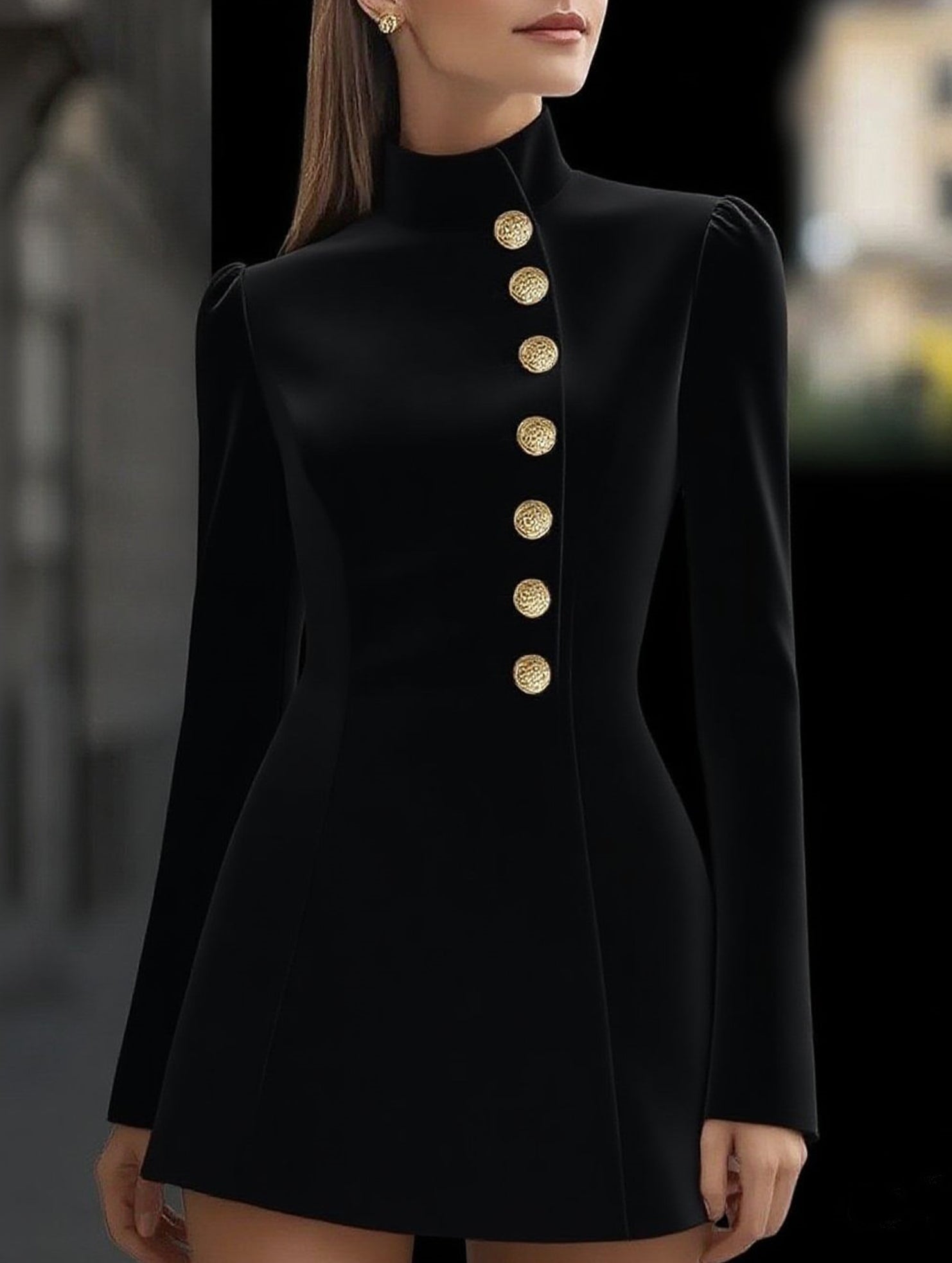 Anna-Berg | Slim-Fit Stand-Up Collar Single-Breasted Dress