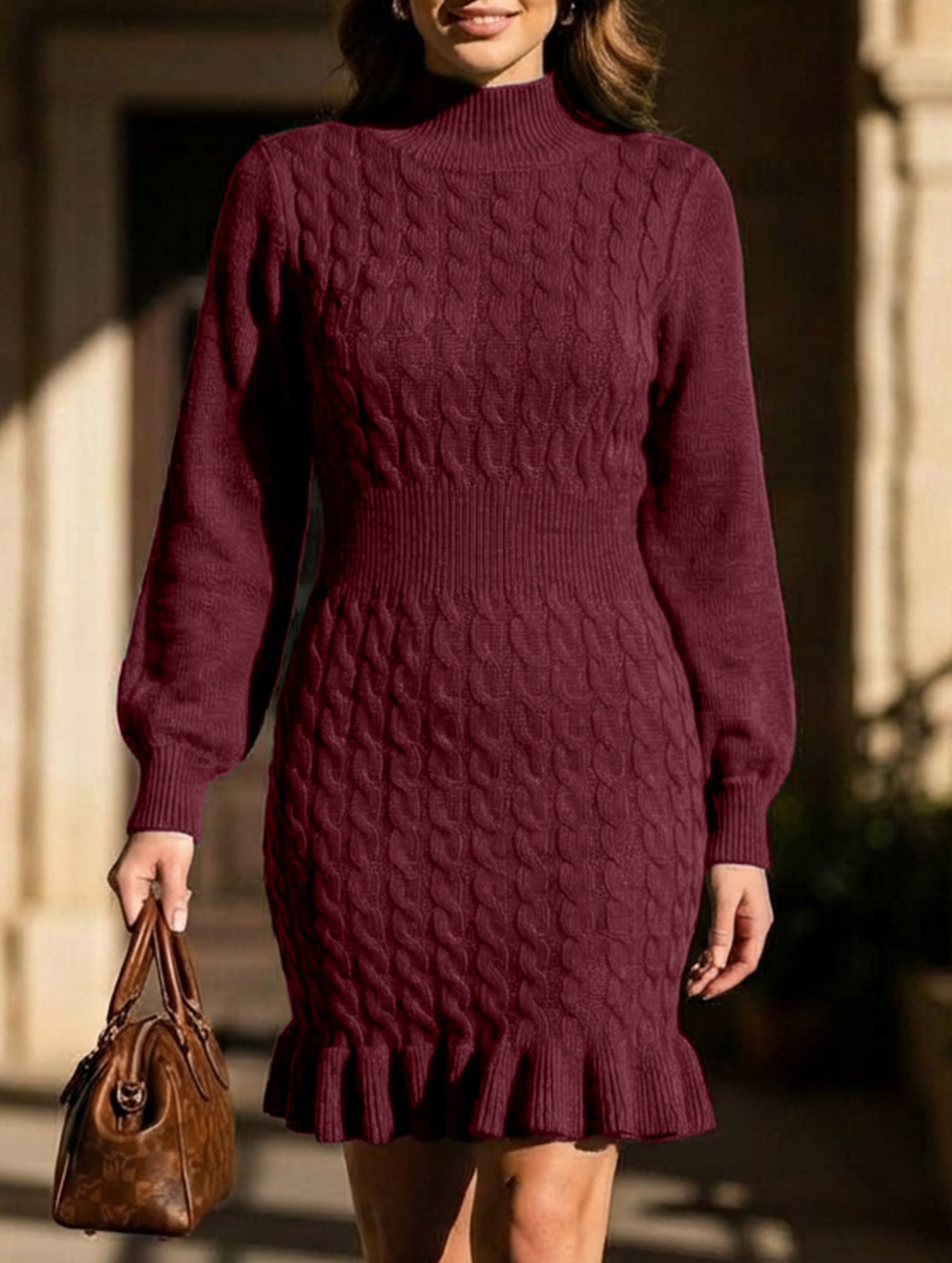 Anna-Berg | Fashionable Cable Knit Waist-Cinching Sweater Dress