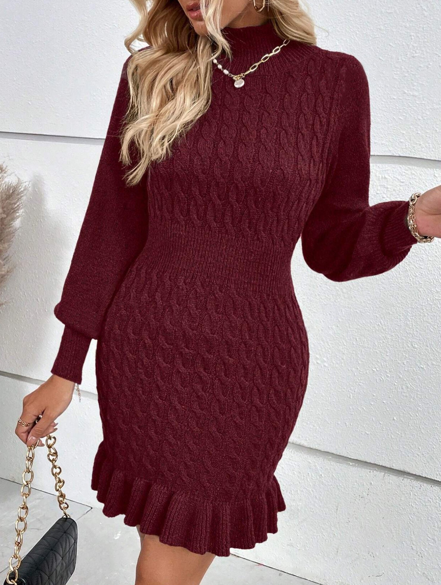 Anna-Berg | Fashionable Cable Knit Waist-Cinching Sweater Dress