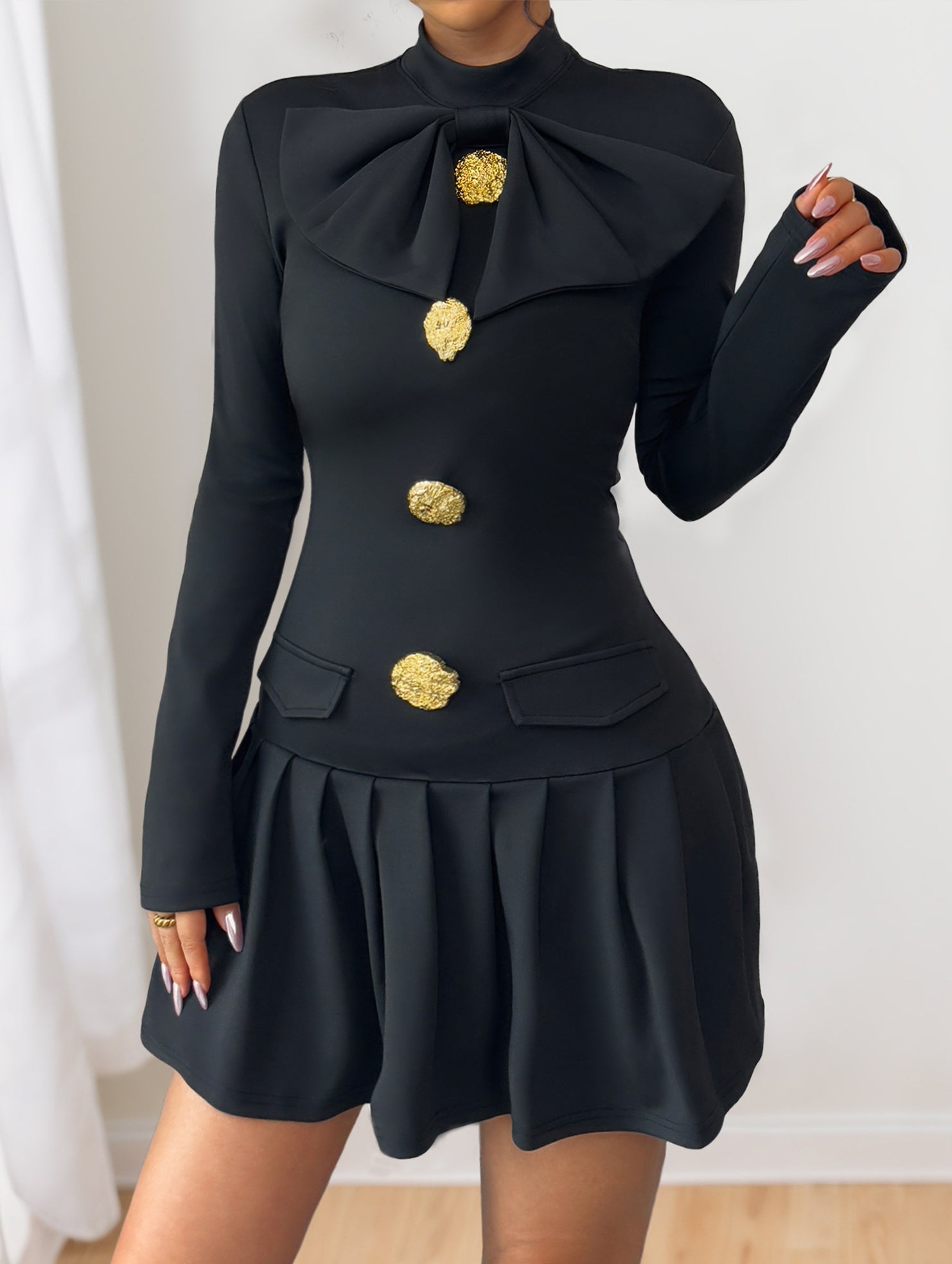 Anna-Berg | High-Neck Bow Button Dress
