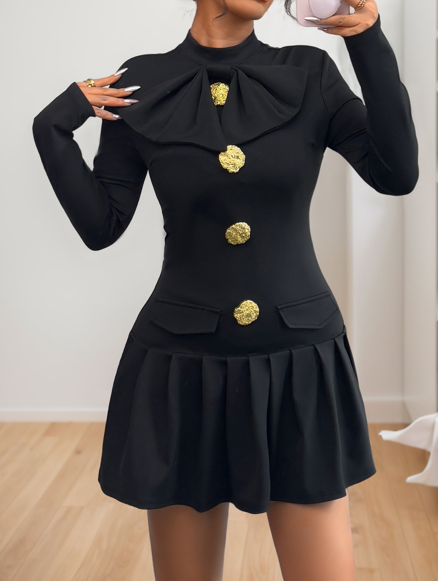 Anna-Berg | High-Neck Bow Button Dress