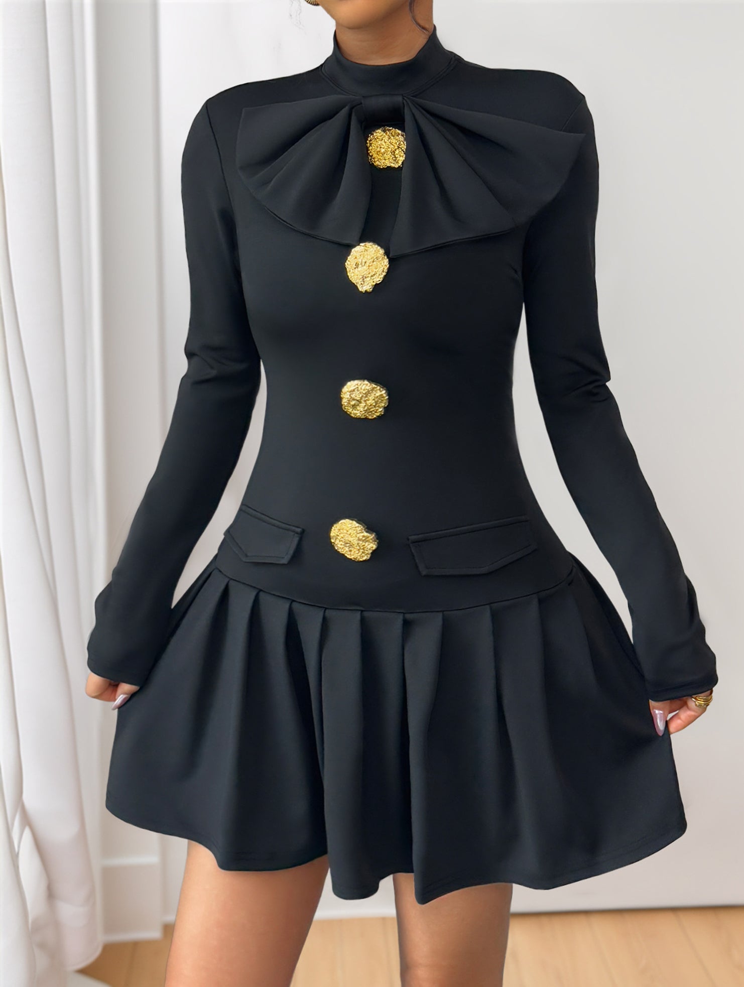 Anna-Berg | High-Neck Bow Button Dress