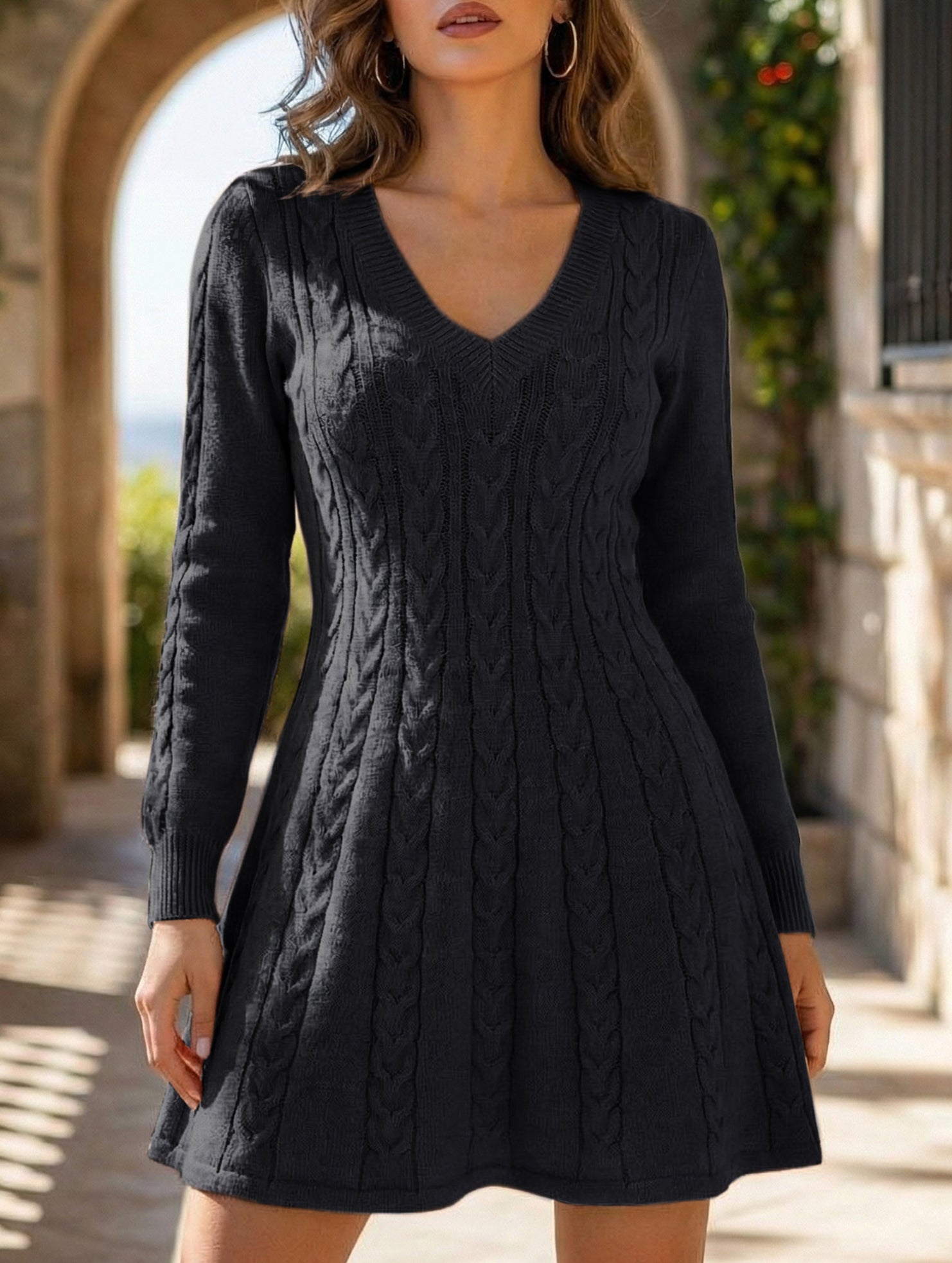 Anna-Berg | Retro Cable Knit V-Neck Fitted Dress