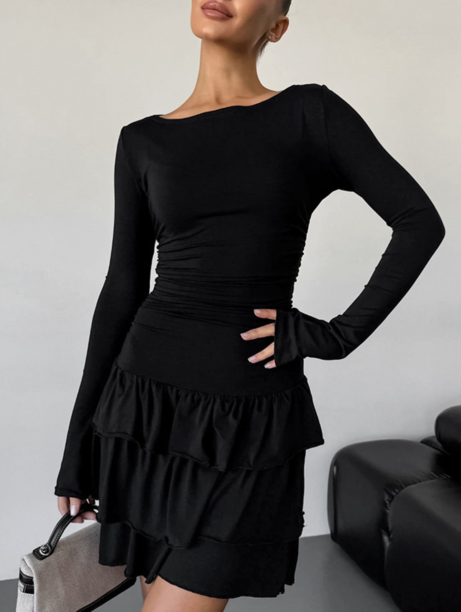 Anna-Berg | Waist Cinched Ruffle Long Sleeve Dress