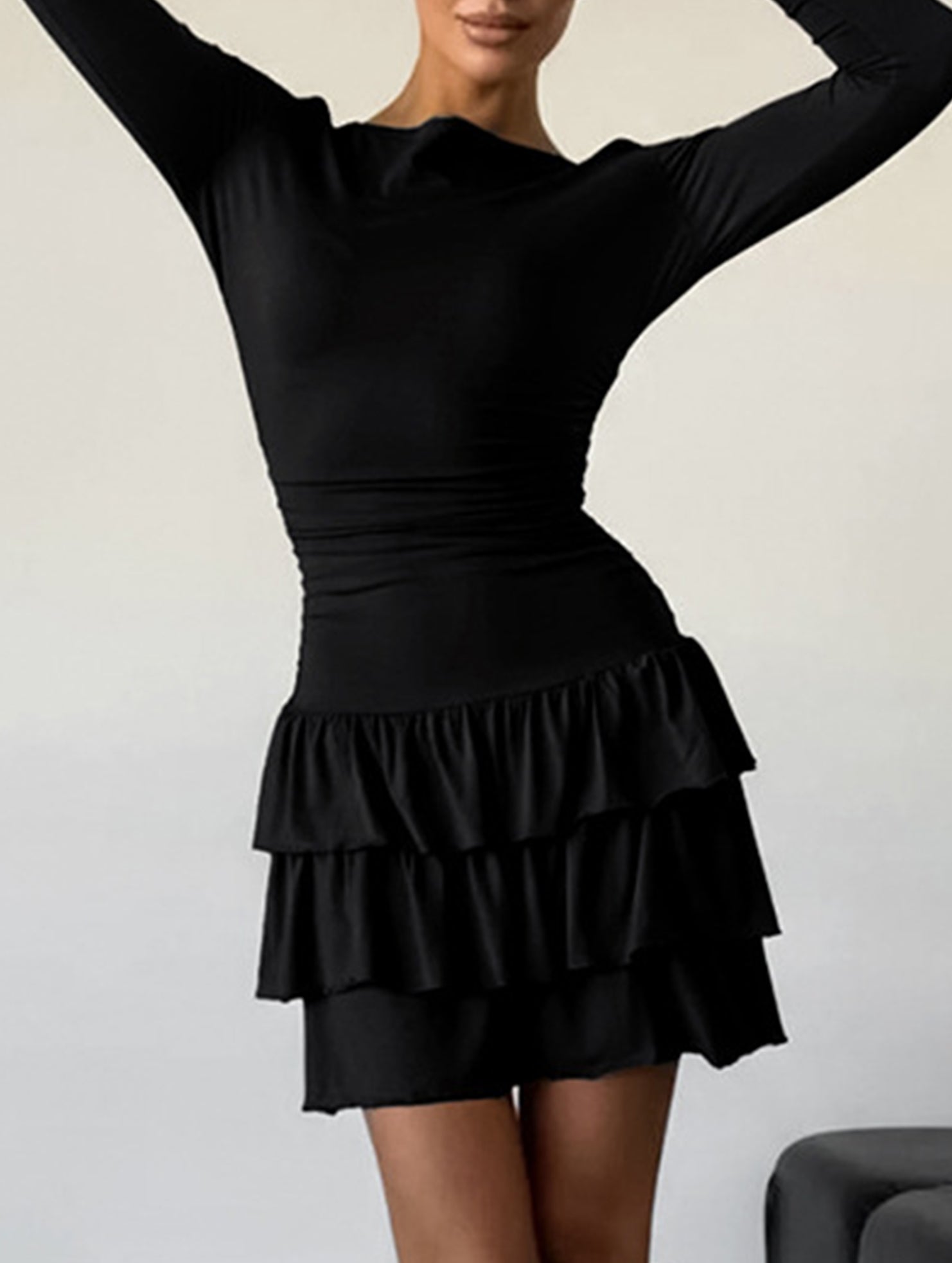 Anna-Berg | Waist Cinched Ruffle Long Sleeve Dress