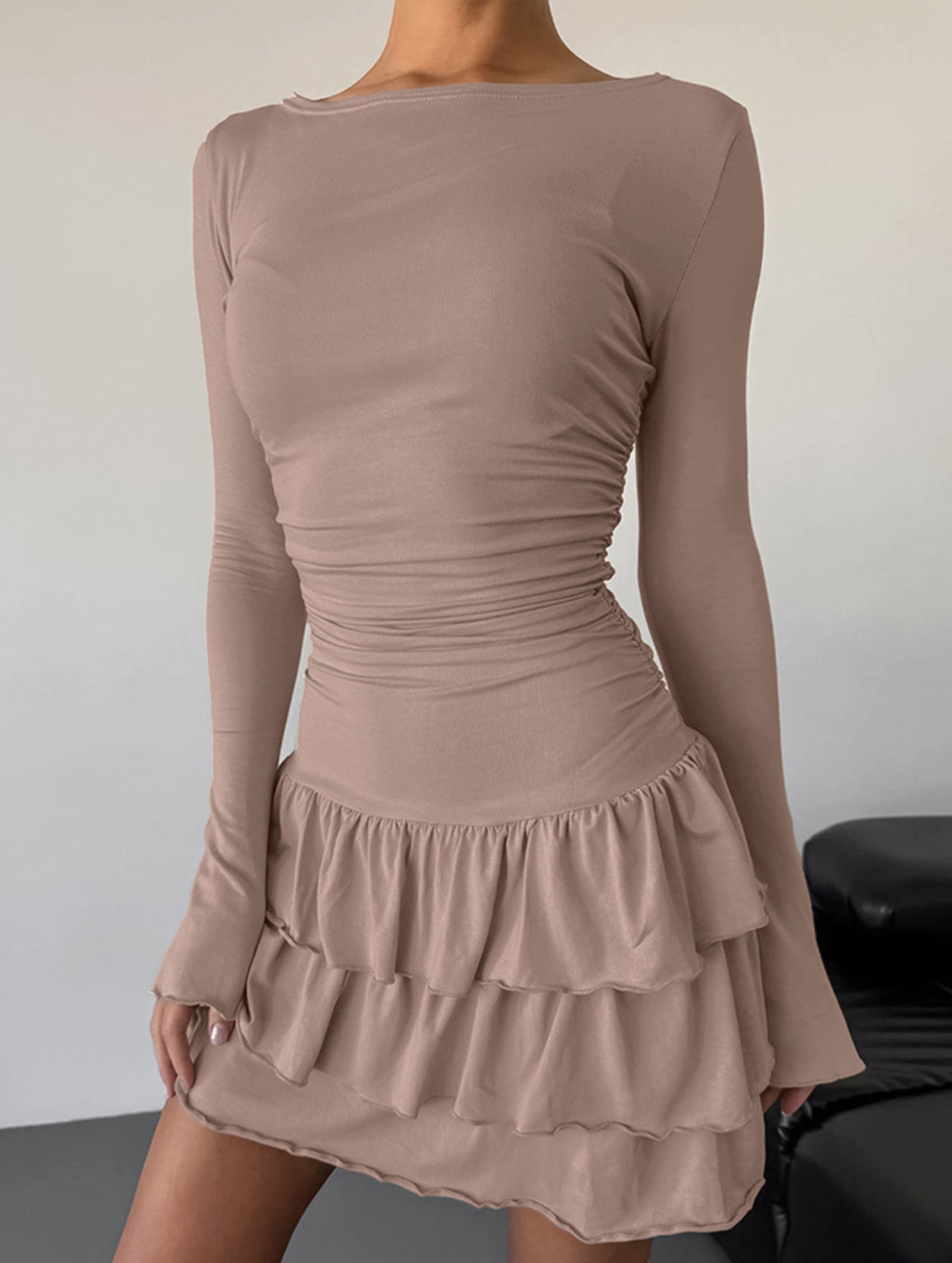 Anna-Berg | Waist Cinched Ruffle Long Sleeve Dress