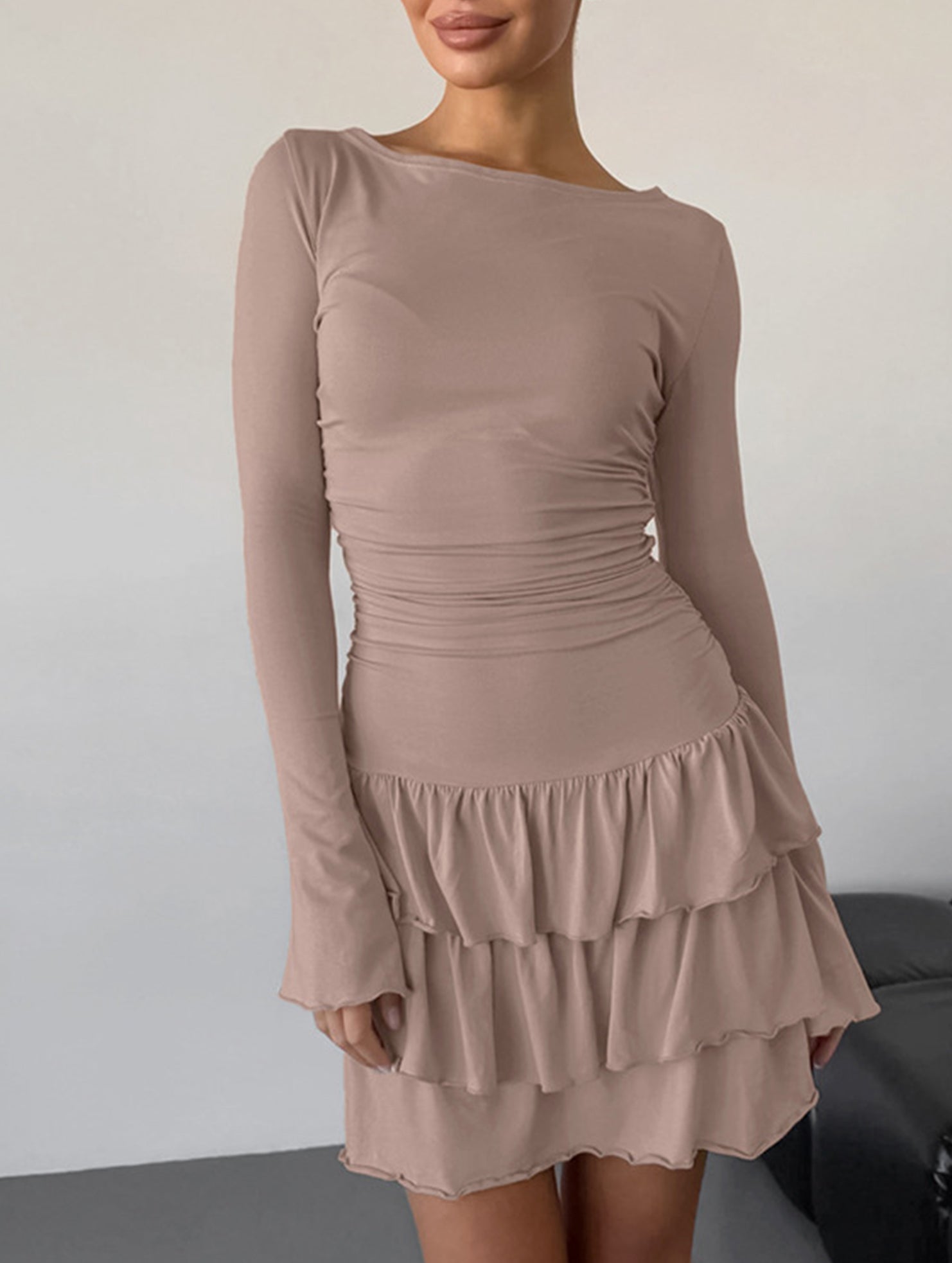 Anna-Berg | Waist Cinched Ruffle Long Sleeve Dress