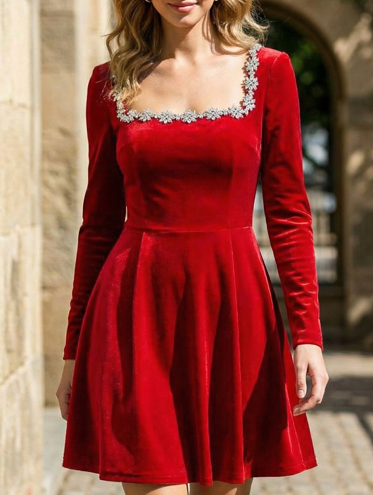 Anna-Berg | Stylish Velvet Square Neck Elegant Dress
