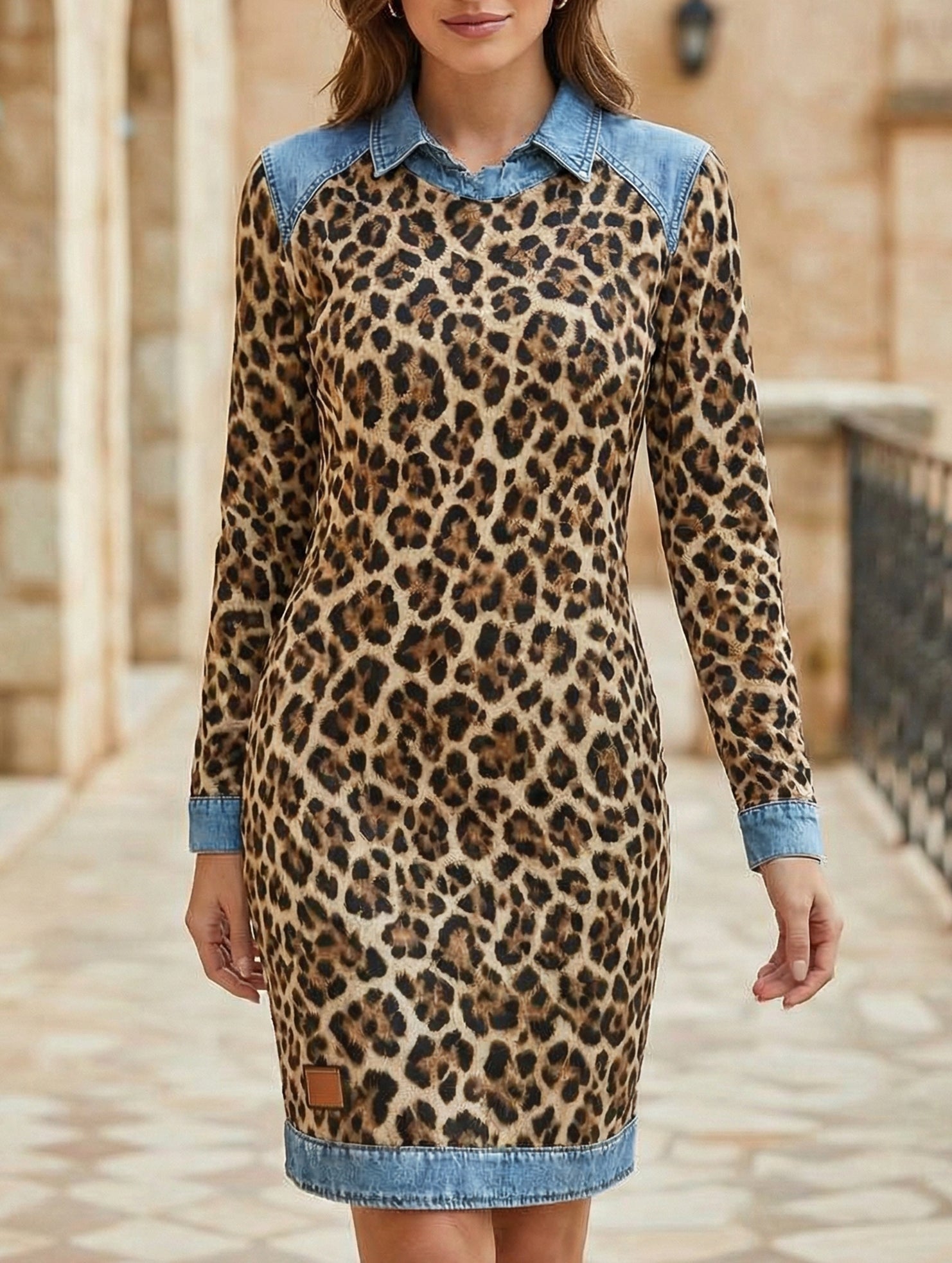 Anna-Berg | Leopard Print Denim Patchwork A-Line Dress