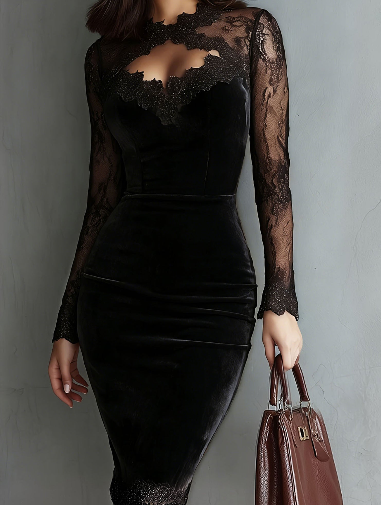 Anna-Berg | Sheer Lace V Neck Slim Dress