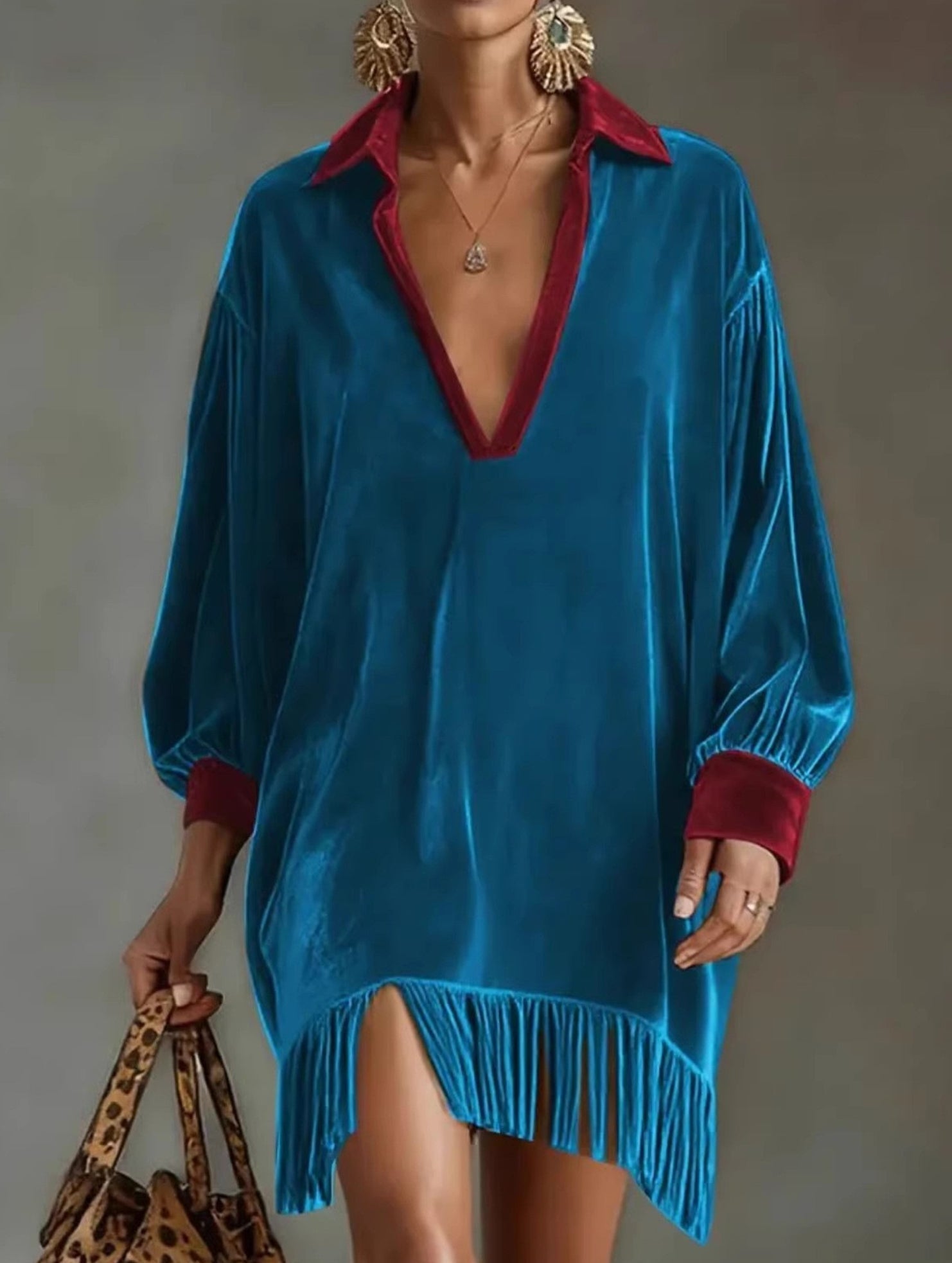 Anna-Berg | Color-Blocked Loose-Fitting Tassel Dress