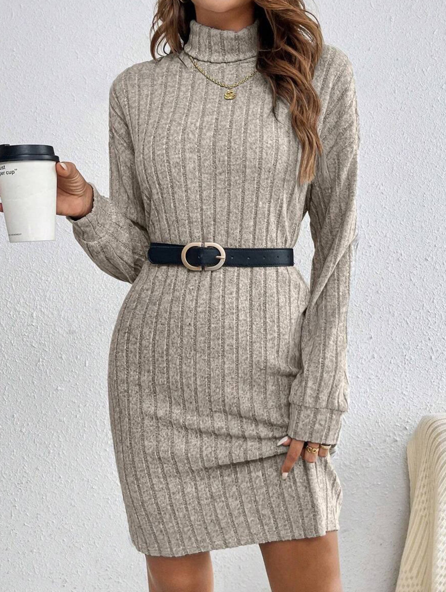 Anna-Berg | Stylish Brushed Striped Turtleneck Long-Sleeved Dress