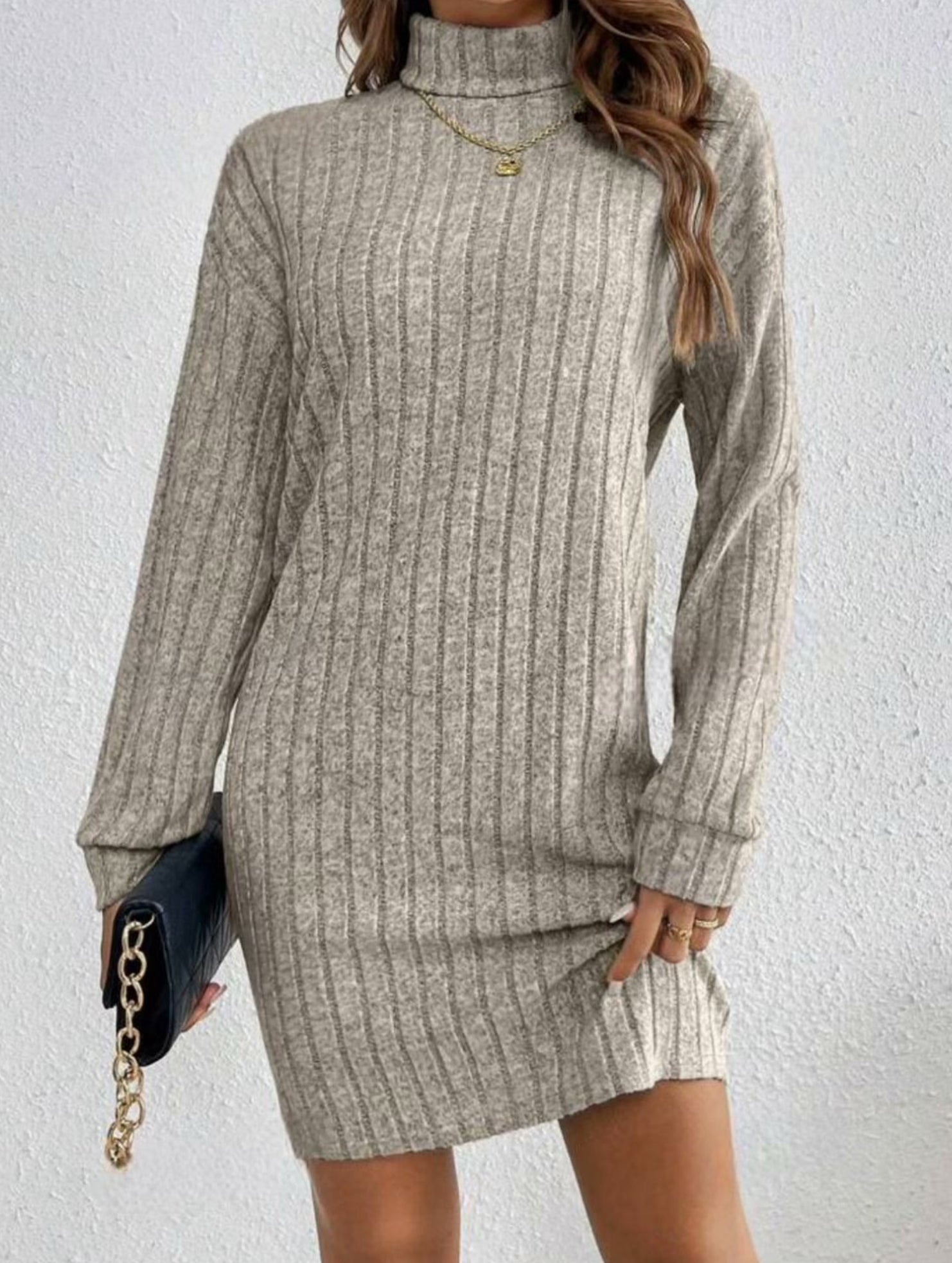Anna-Berg | Stylish Brushed Striped Turtleneck Long-Sleeved Dress