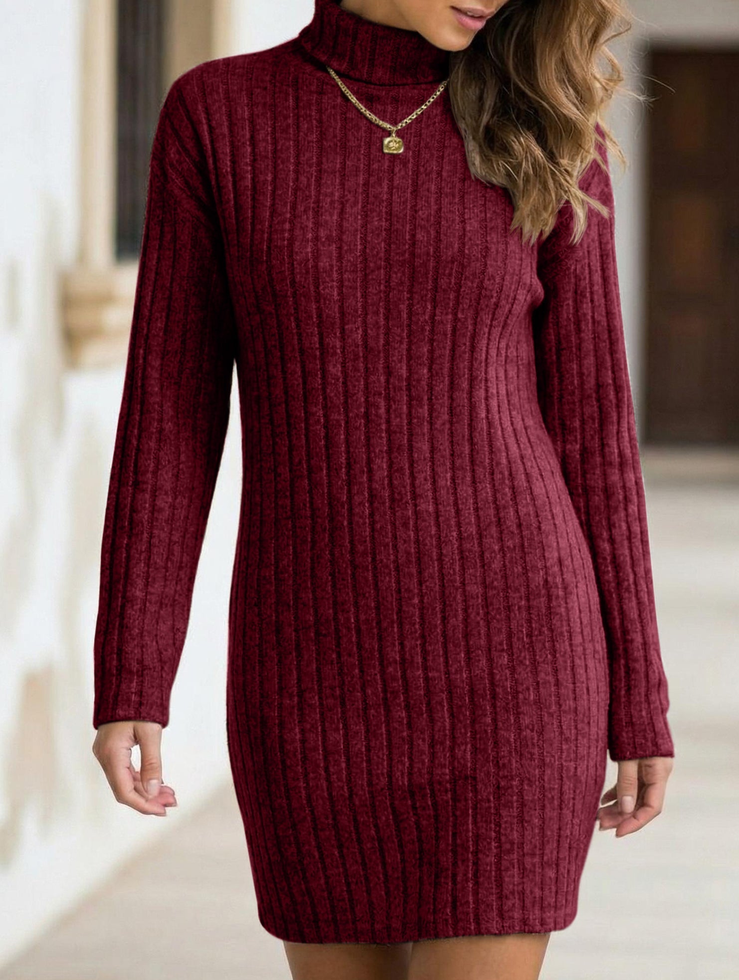 Anna-Berg | Stylish Brushed Striped Turtleneck Long-Sleeved Dress