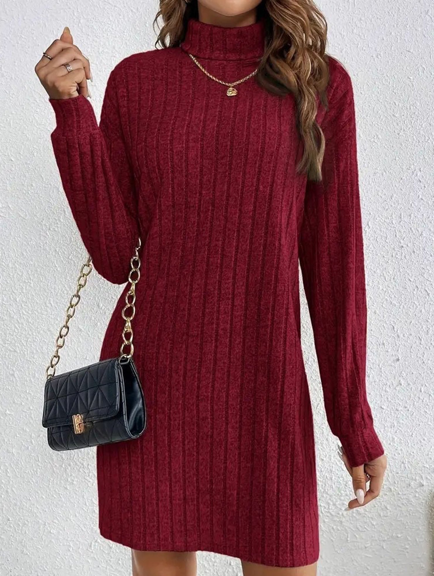 Anna-Berg | Stylish Brushed Striped Turtleneck Long-Sleeved Dress