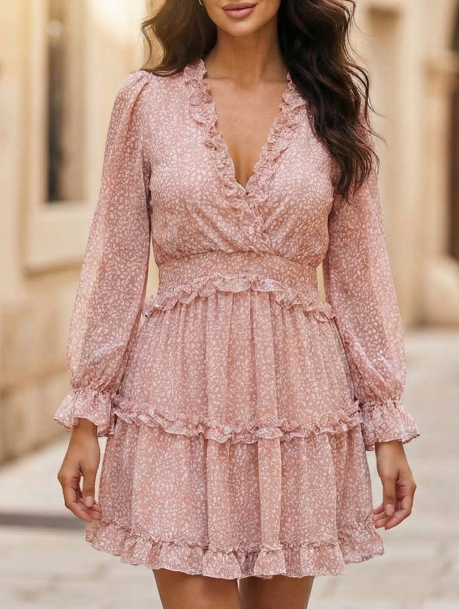 Anna-Berg | V-Neck Fitted Waist Puff Sleeve Dress