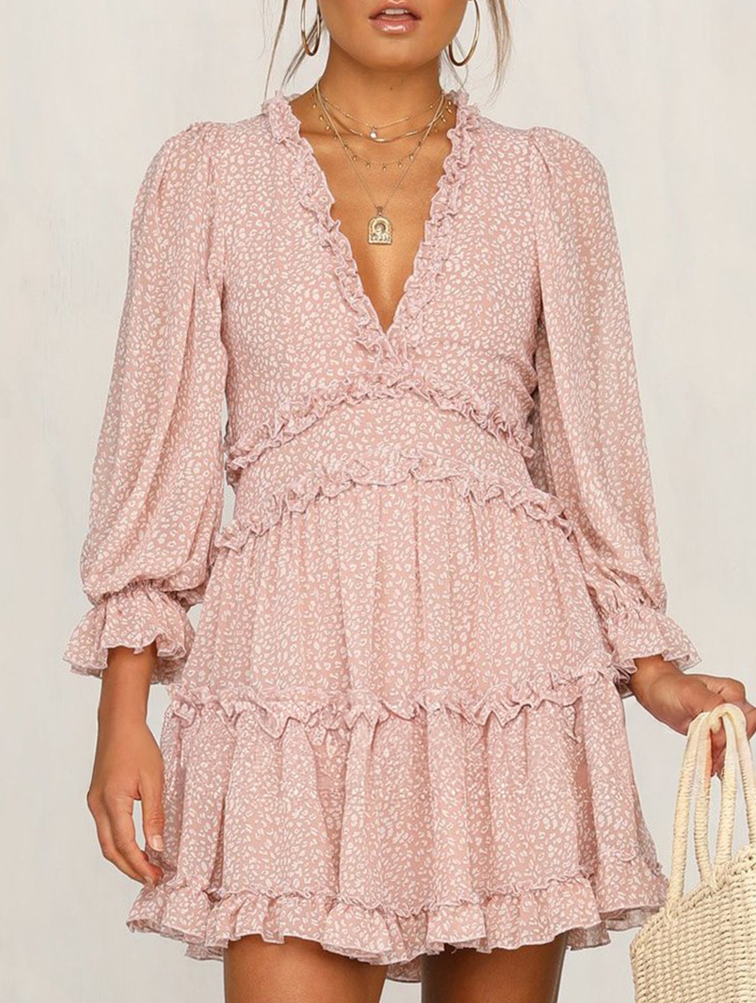 Anna-Berg | V-Neck Fitted Waist Puff Sleeve Dress