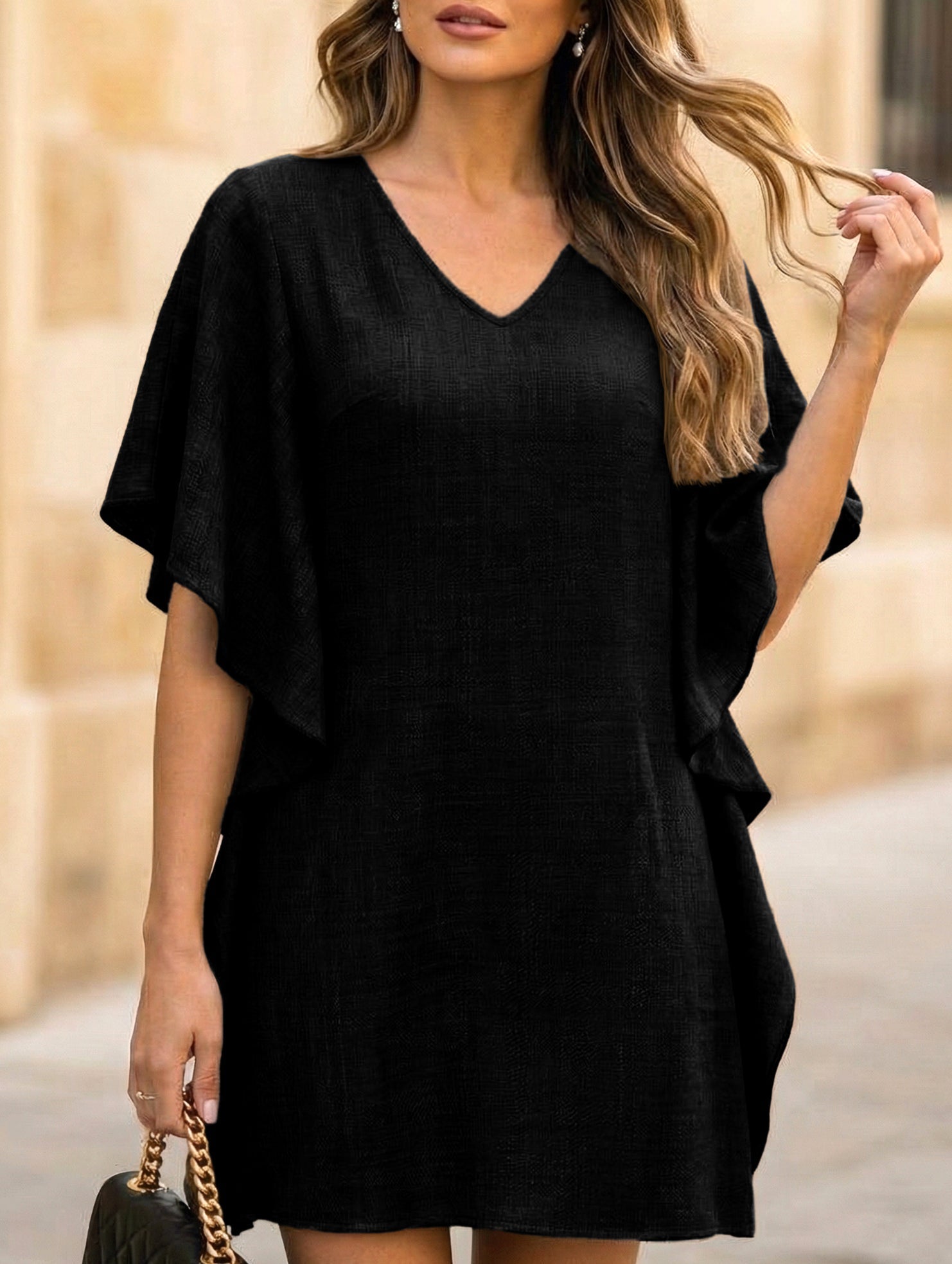 Anna-Berg | Solid Loose Ruffle V Neck Dress