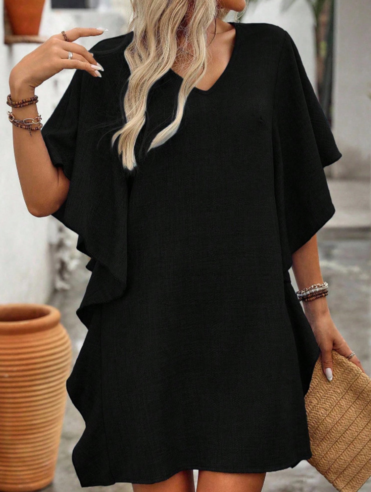 Anna-Berg | Solid Loose Ruffle V Neck Dress