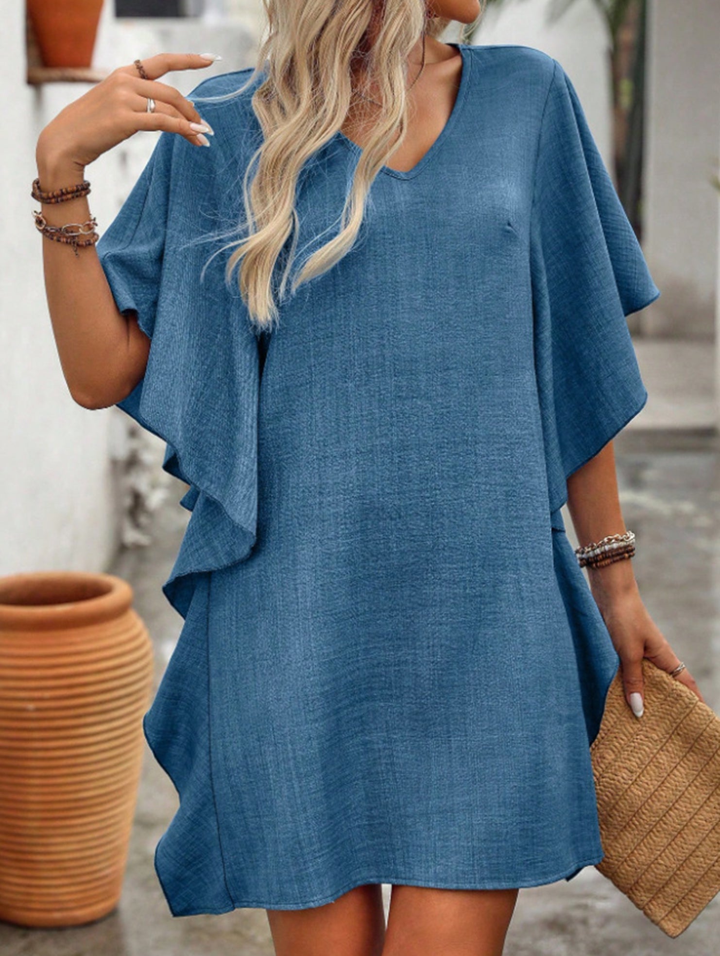 Anna-Berg | Solid Loose Ruffle V Neck Dress