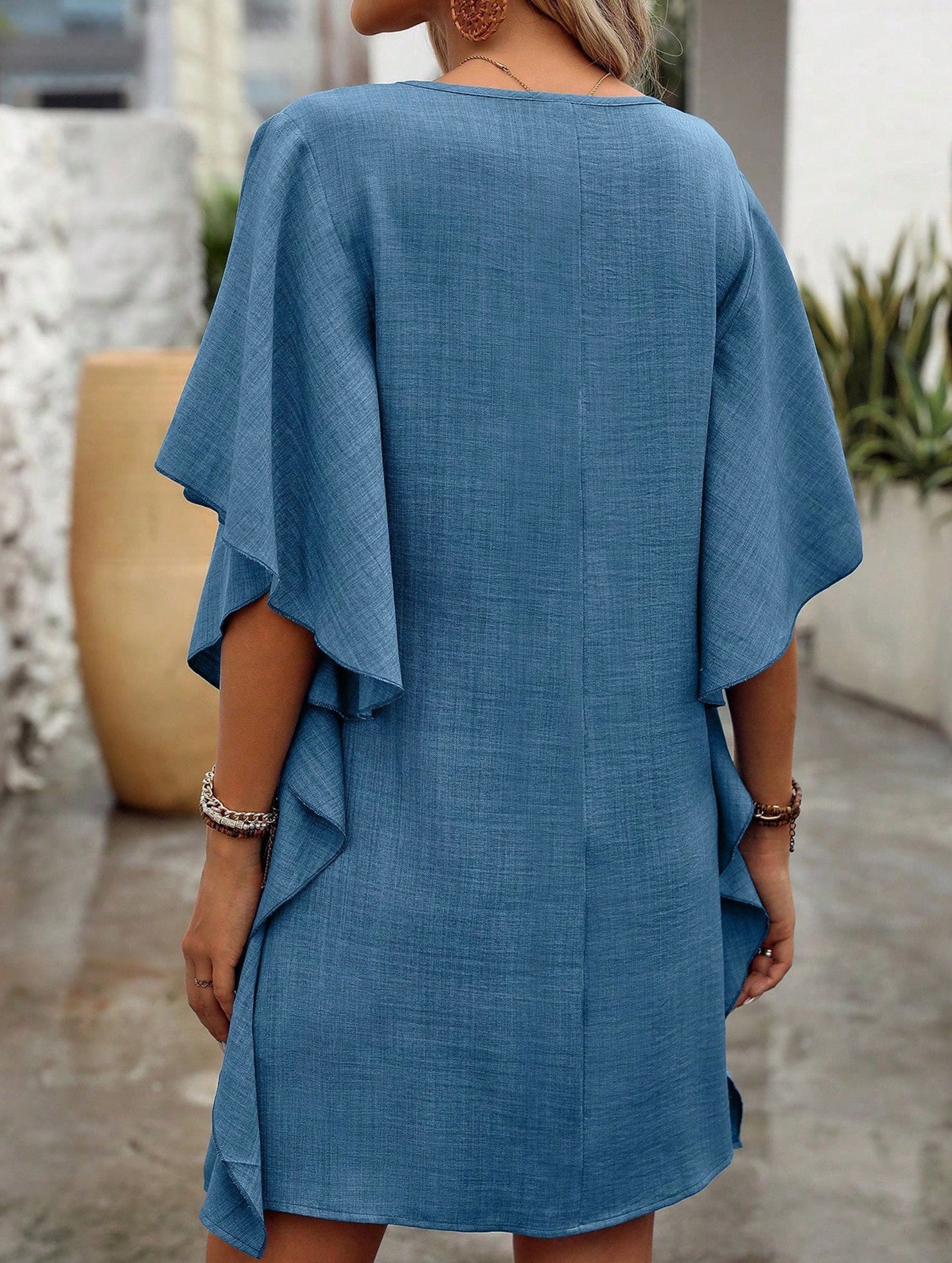 Anna-Berg | Solid Loose Ruffle V Neck Dress