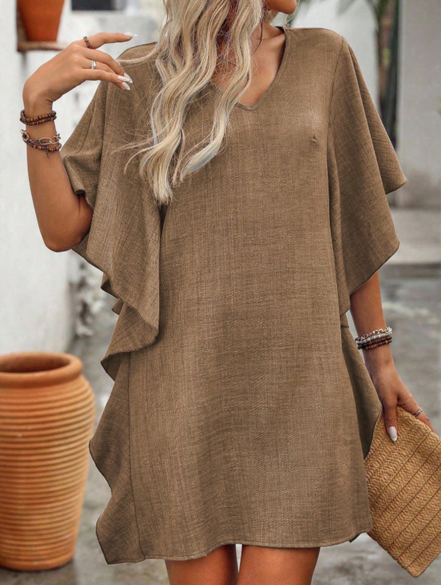 Anna-Berg | Solid Loose Ruffle V Neck Dress