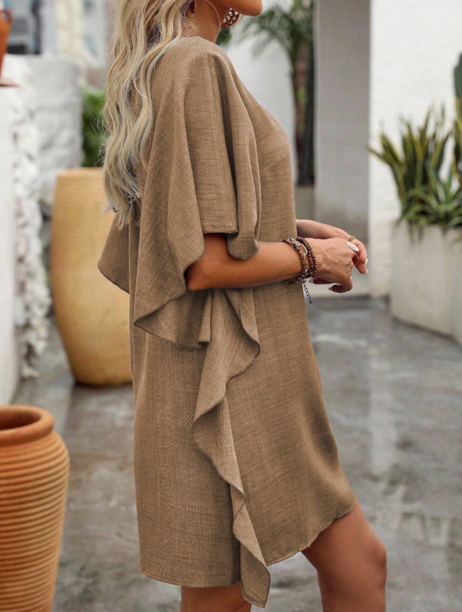 Anna-Berg | Solid Loose Ruffle V Neck Dress