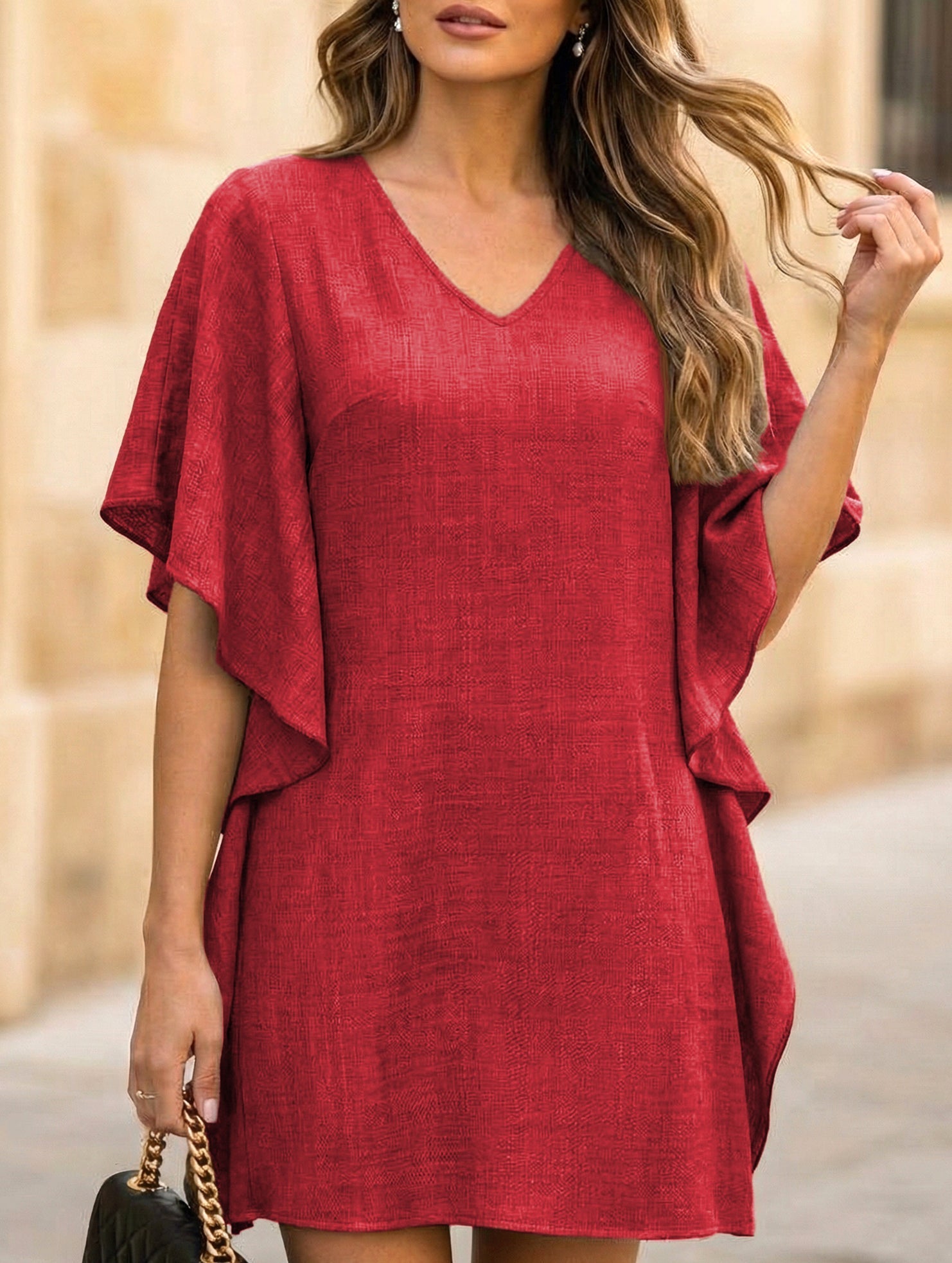 Anna-Berg | Solid Loose Ruffle V Neck Dress