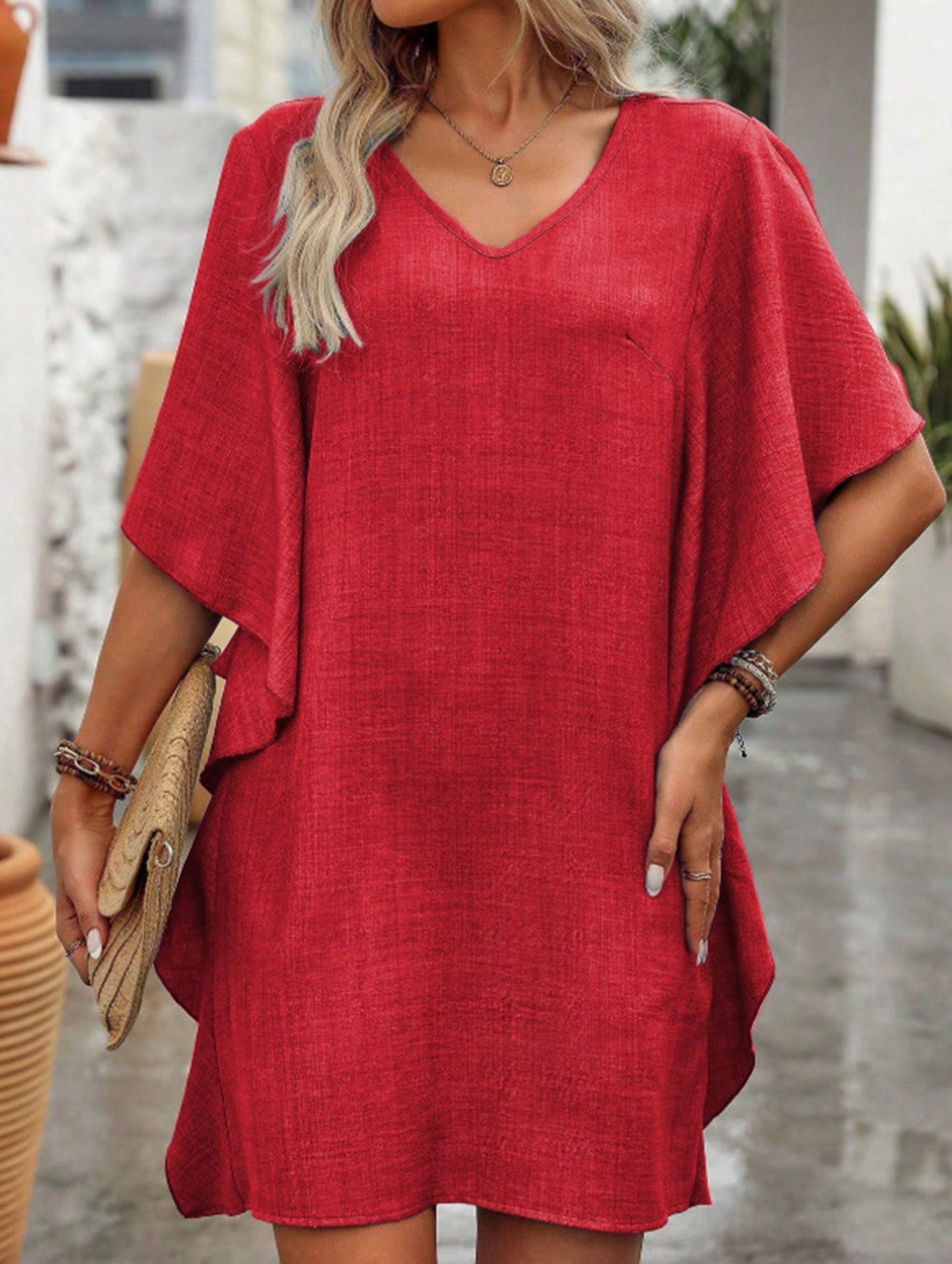 Anna-Berg | Solid Loose Ruffle V Neck Dress