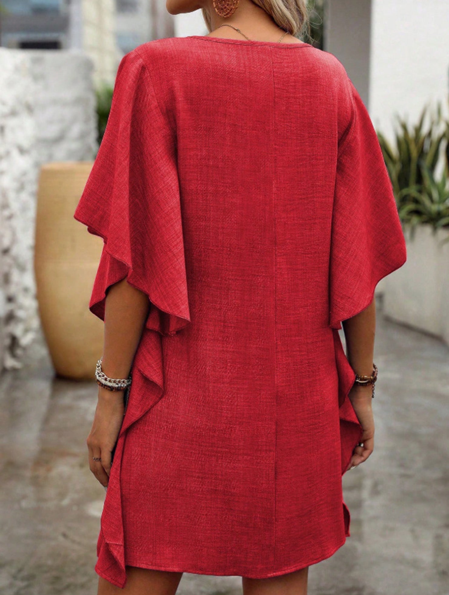 Anna-Berg | Solid Loose Ruffle V Neck Dress