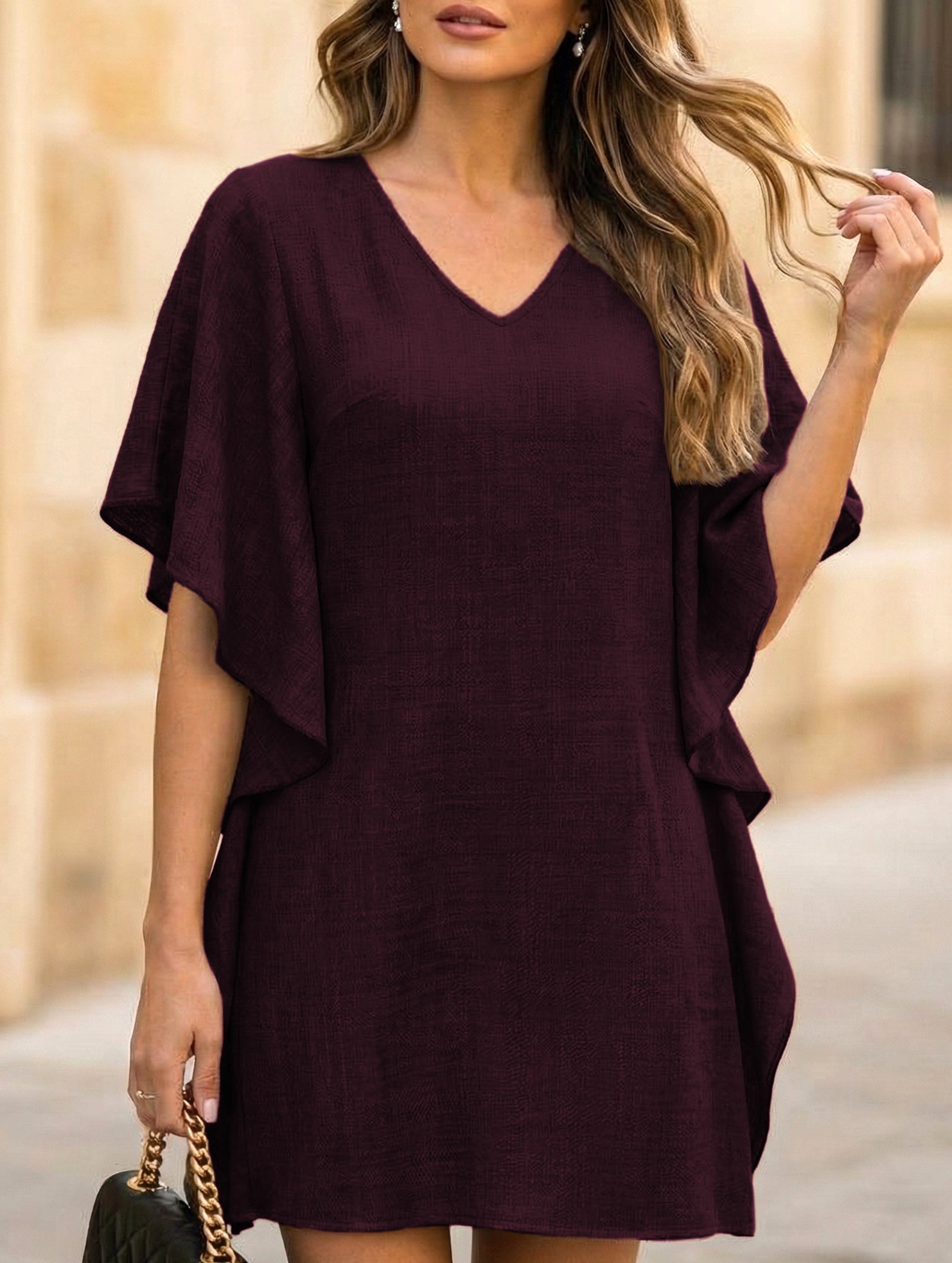 Anna-Berg | Solid Loose Ruffle V Neck Dress
