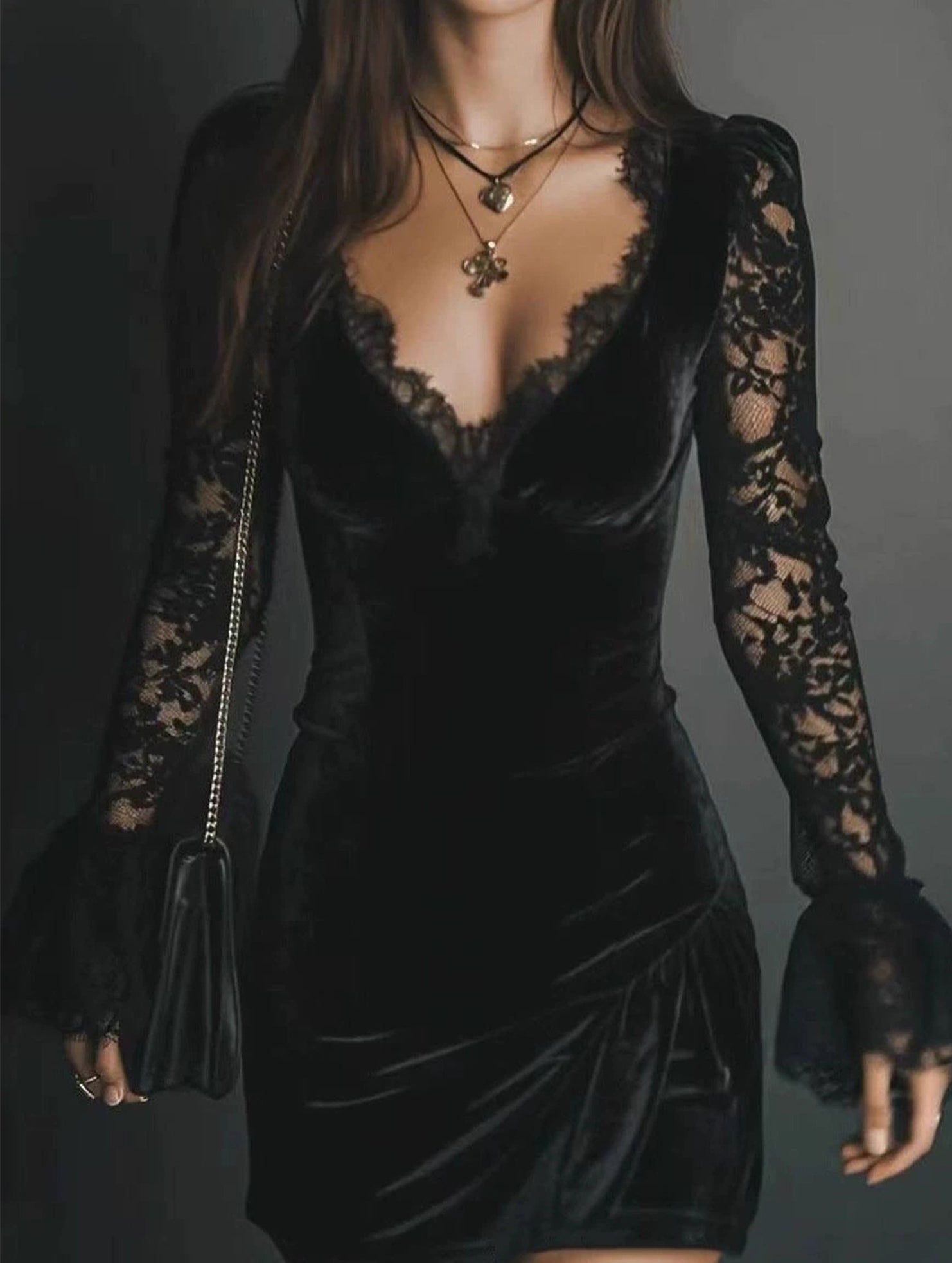 Anna-Berg | Mesh Lace Deep V Pleated Dress
