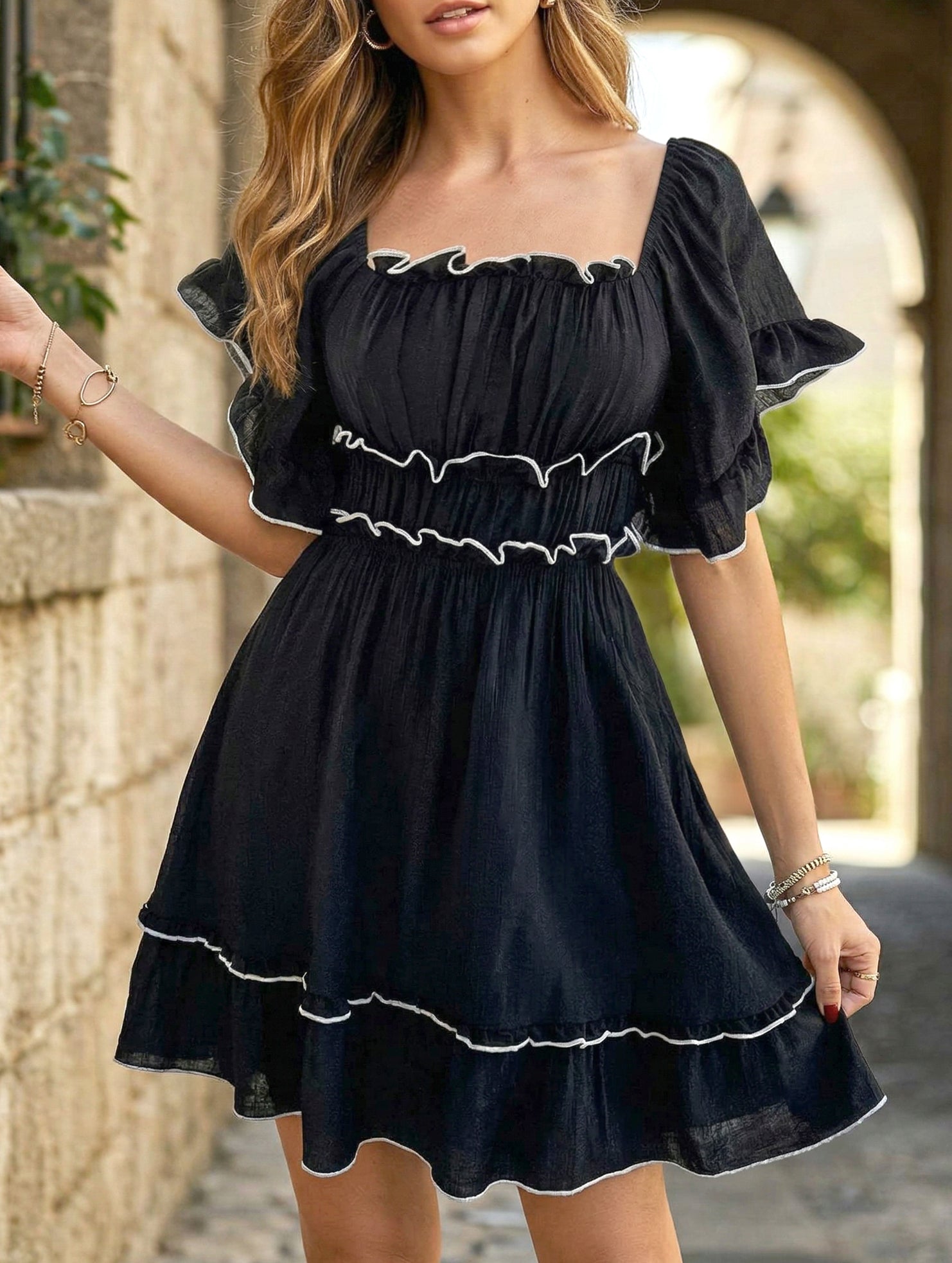Anna-Berg | French Square Neck Ruffle A-Line Dress