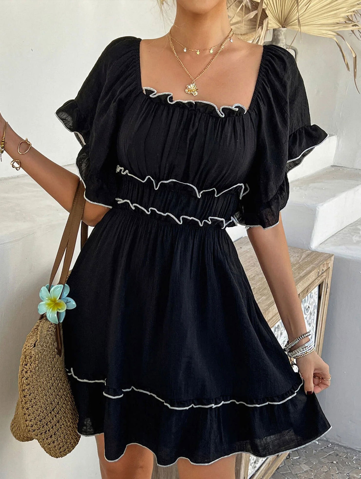 Anna-Berg | French Square Neck Ruffle A-Line Dress