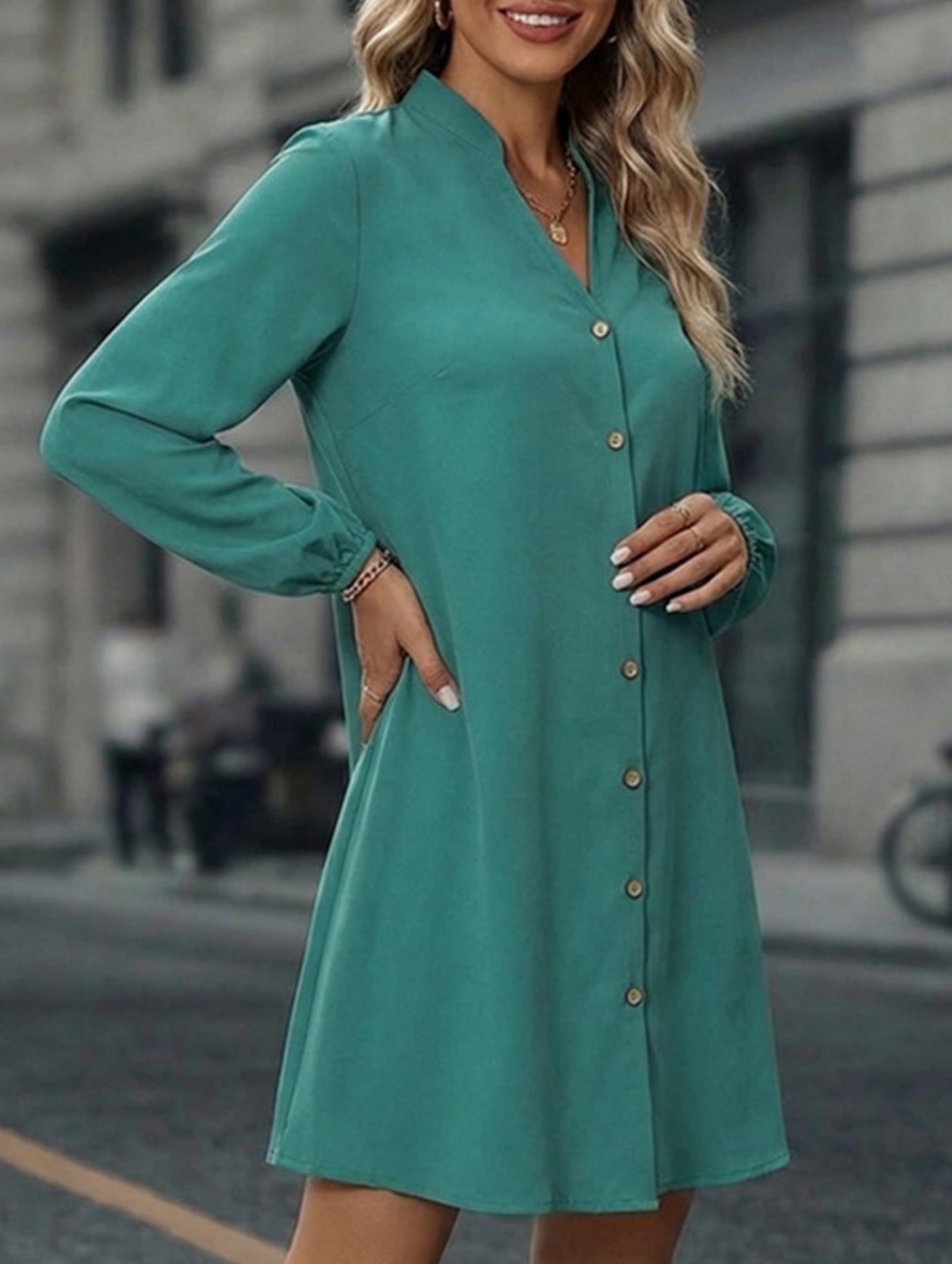 Anna-Berg | Solid Long Sleeve A-Line Dress