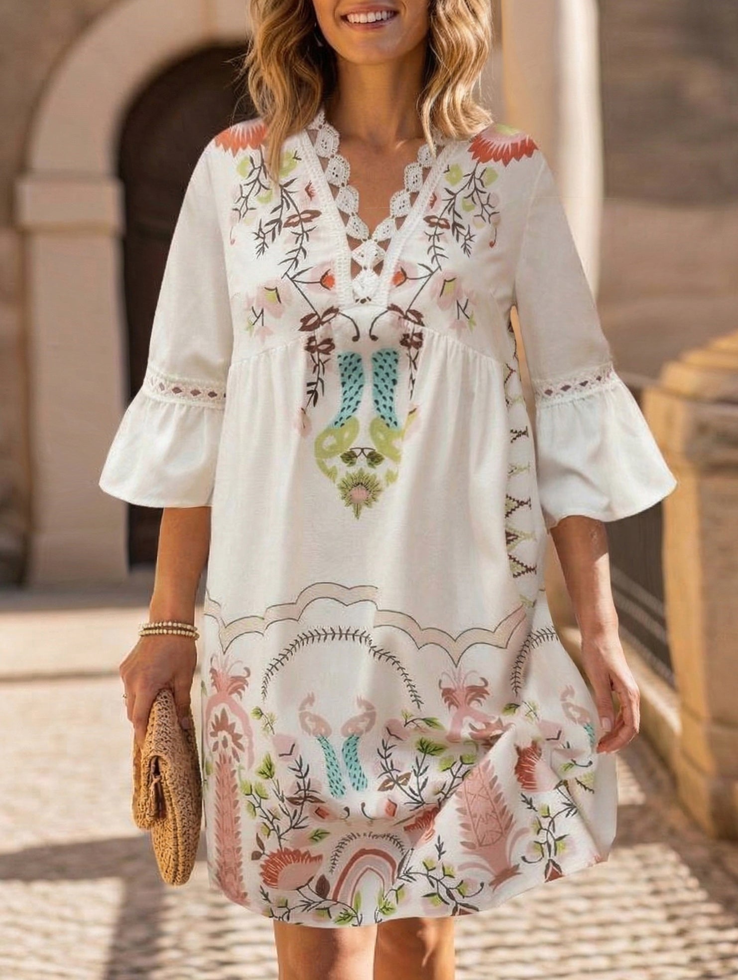 Anna-Berg | V Neck Lace Patch Print Dress