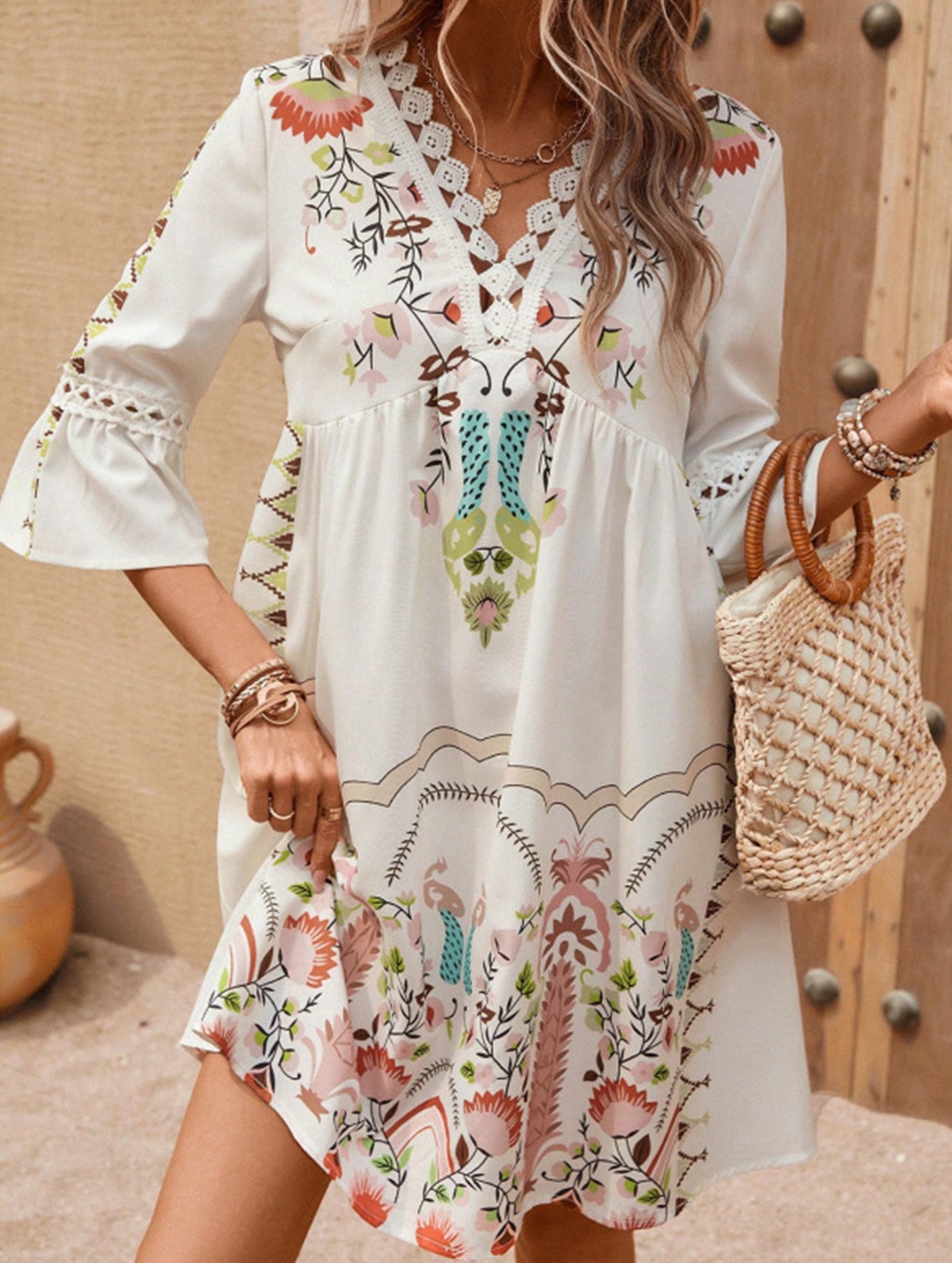 Anna-Berg | V Neck Lace Patch Print Dress