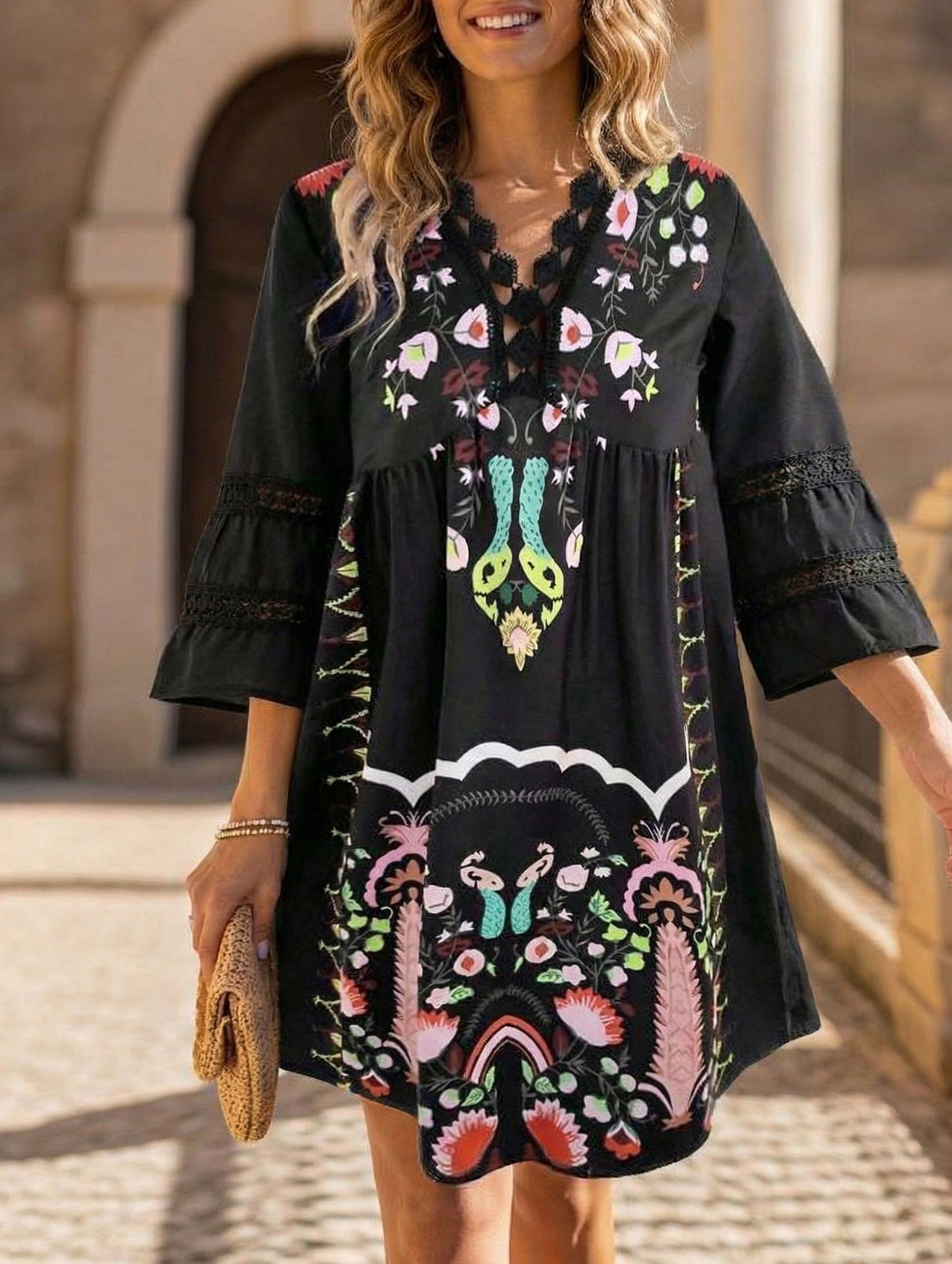 Anna-Berg | V Neck Lace Patch Print Dress