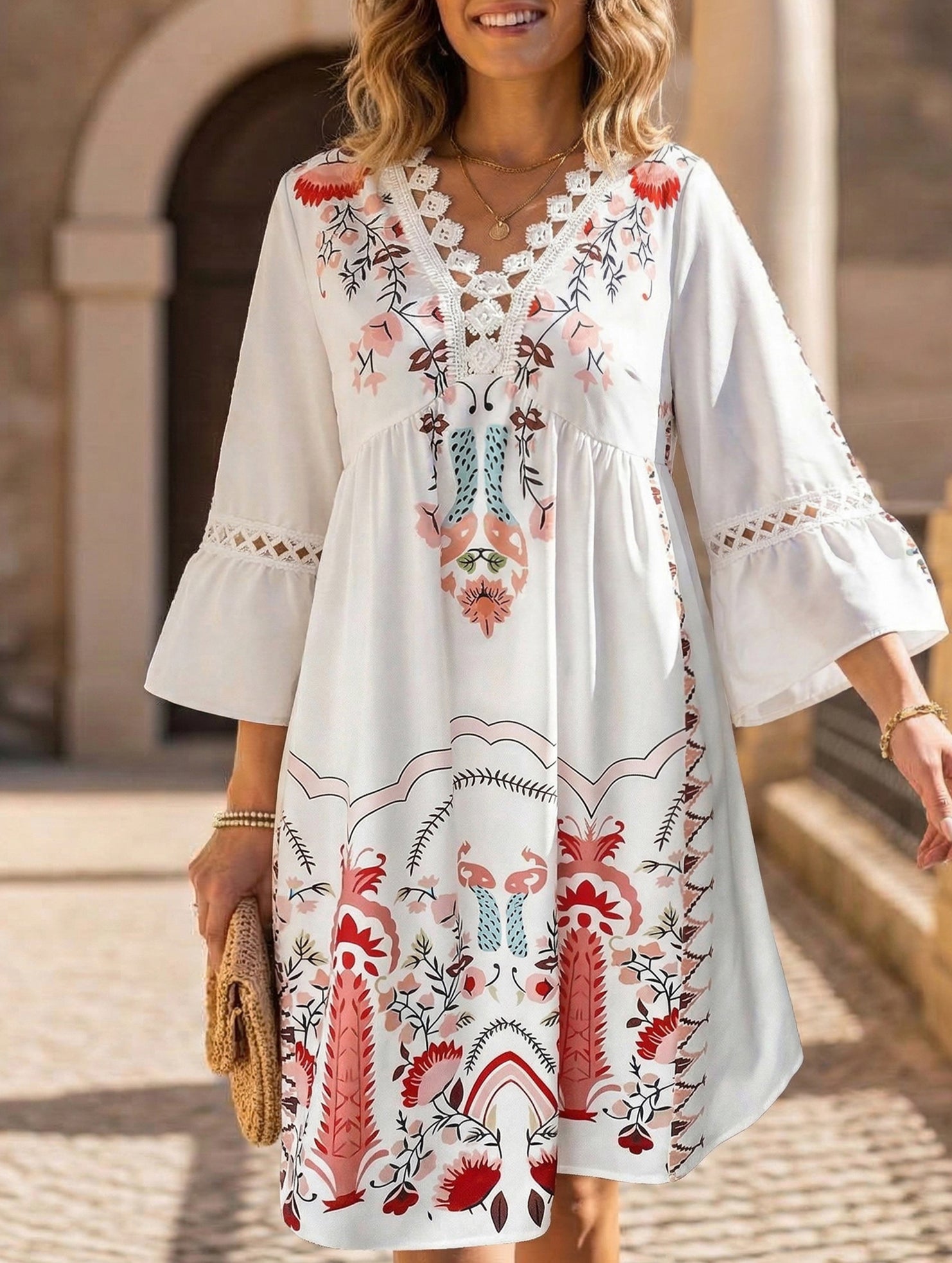 Anna-Berg | V Neck Lace Patch Print Dress