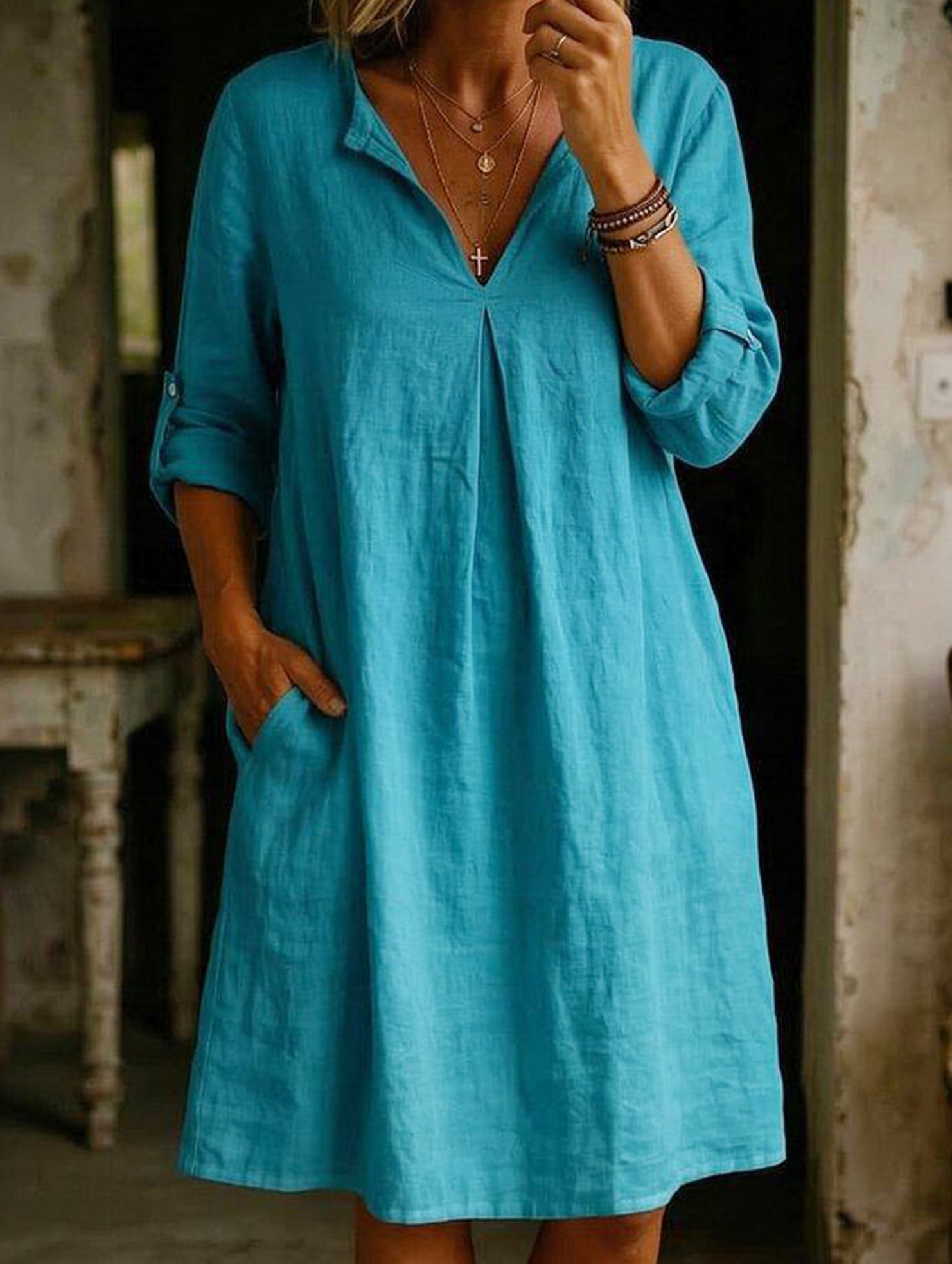 Anna-Berg | Linen V Neck Short Sleeve Dress
