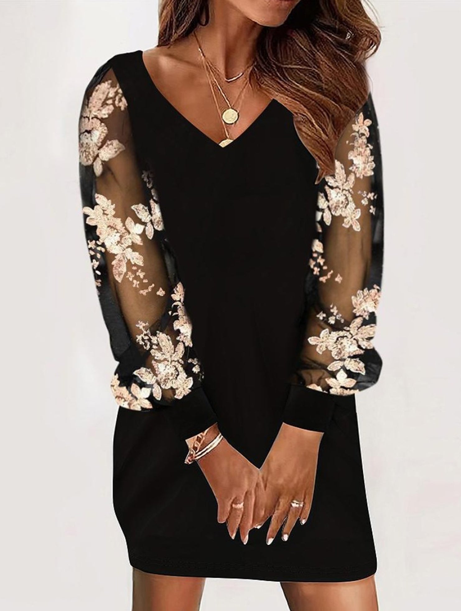 Anna-Berg | V Neck Lace Patchwork Printed Dress