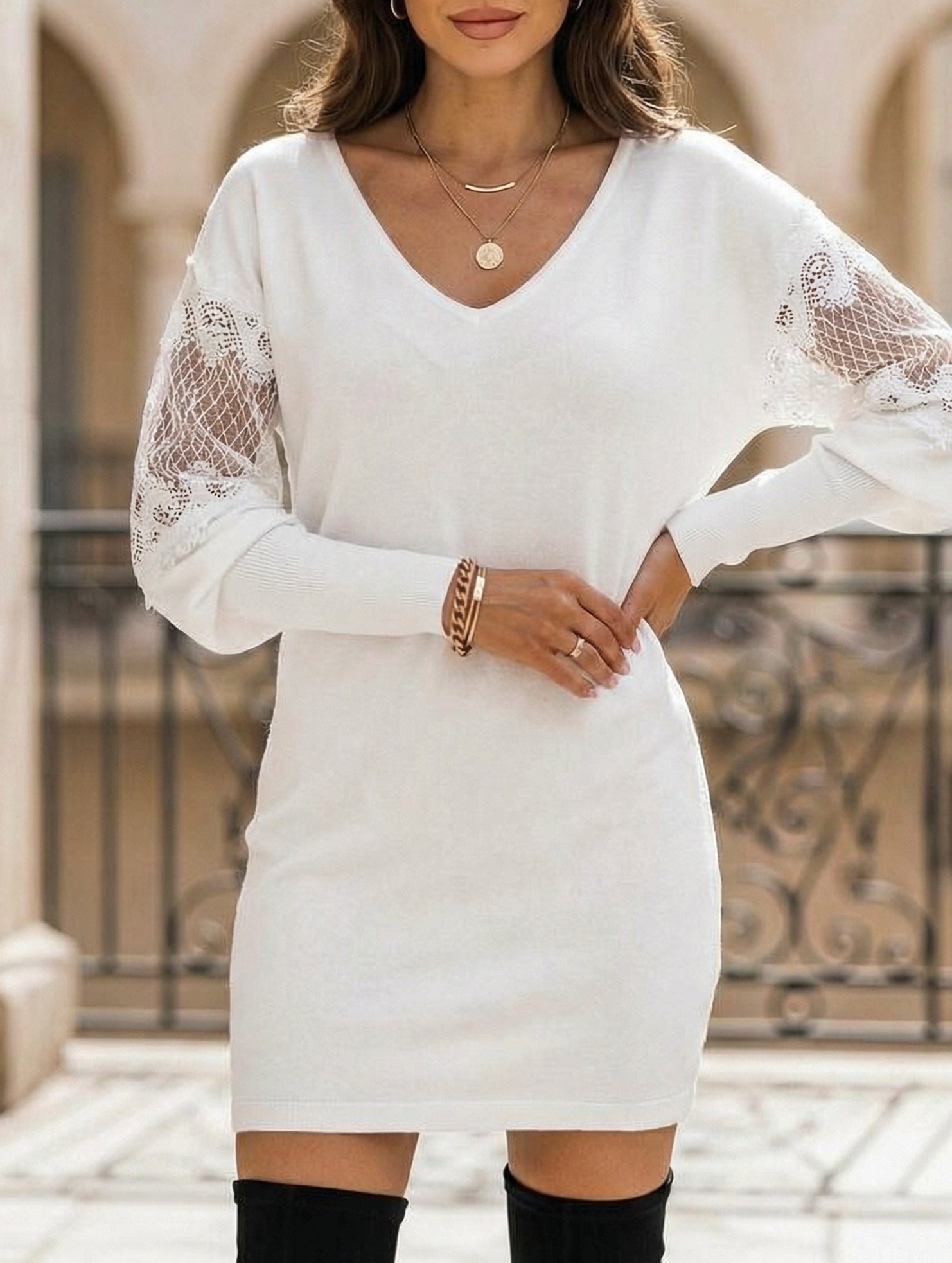 Anna-Berg | V Neck Lace Patchwork Printed Dress