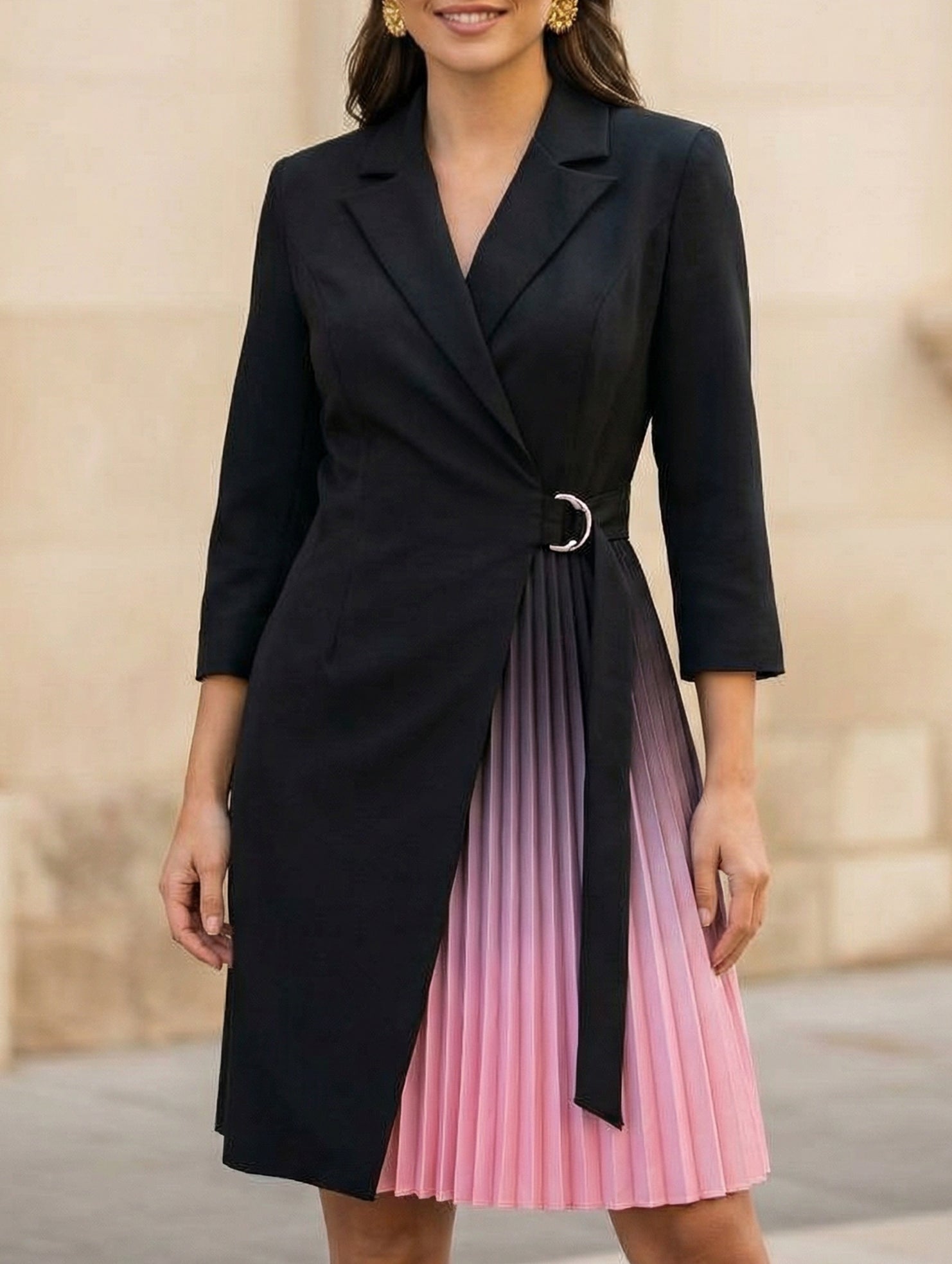 Anna-Berg | V Neck Tie Waist Pleated Dress
