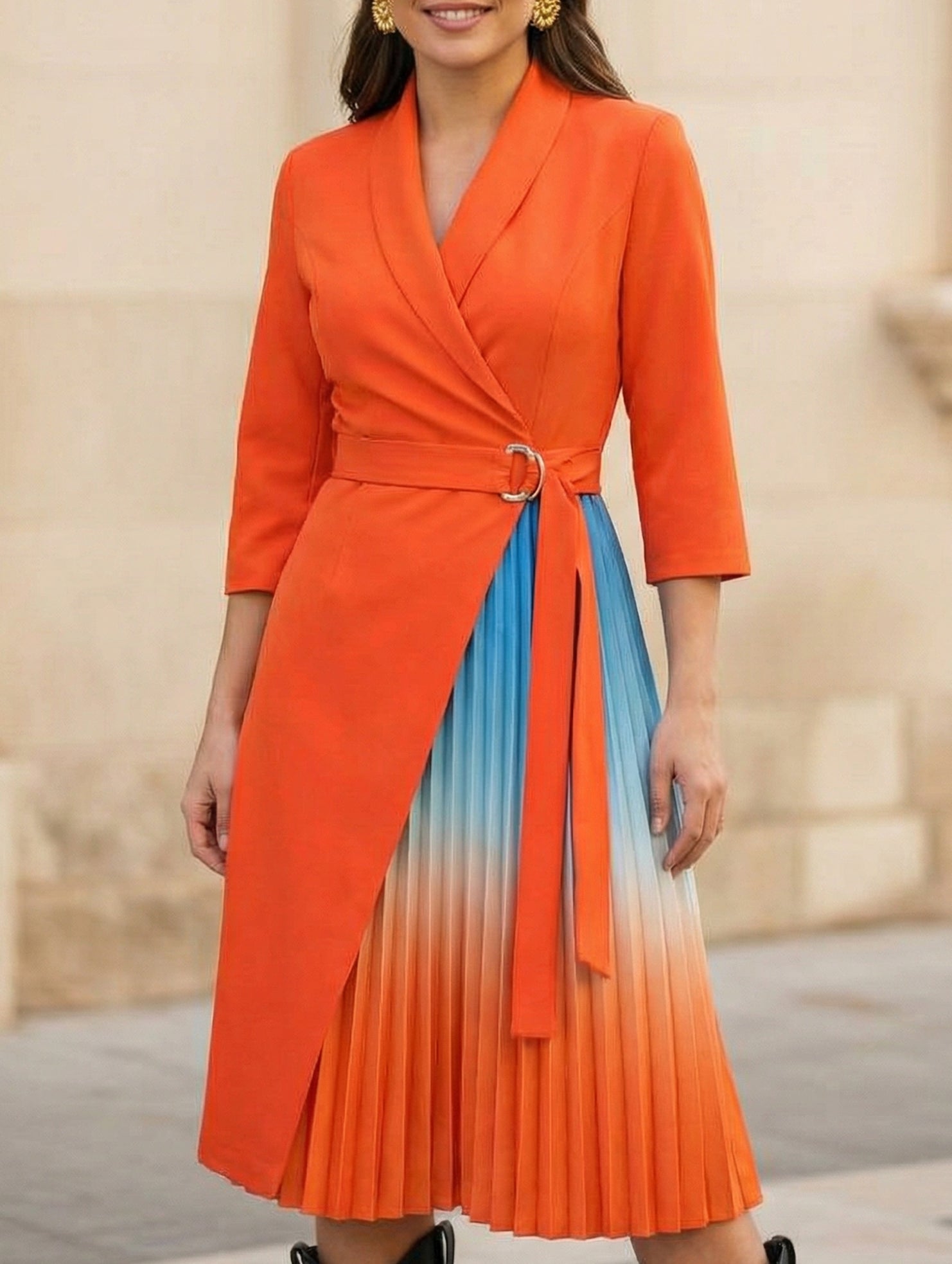 Anna-Berg | V Neck Tie Waist Pleated Dress