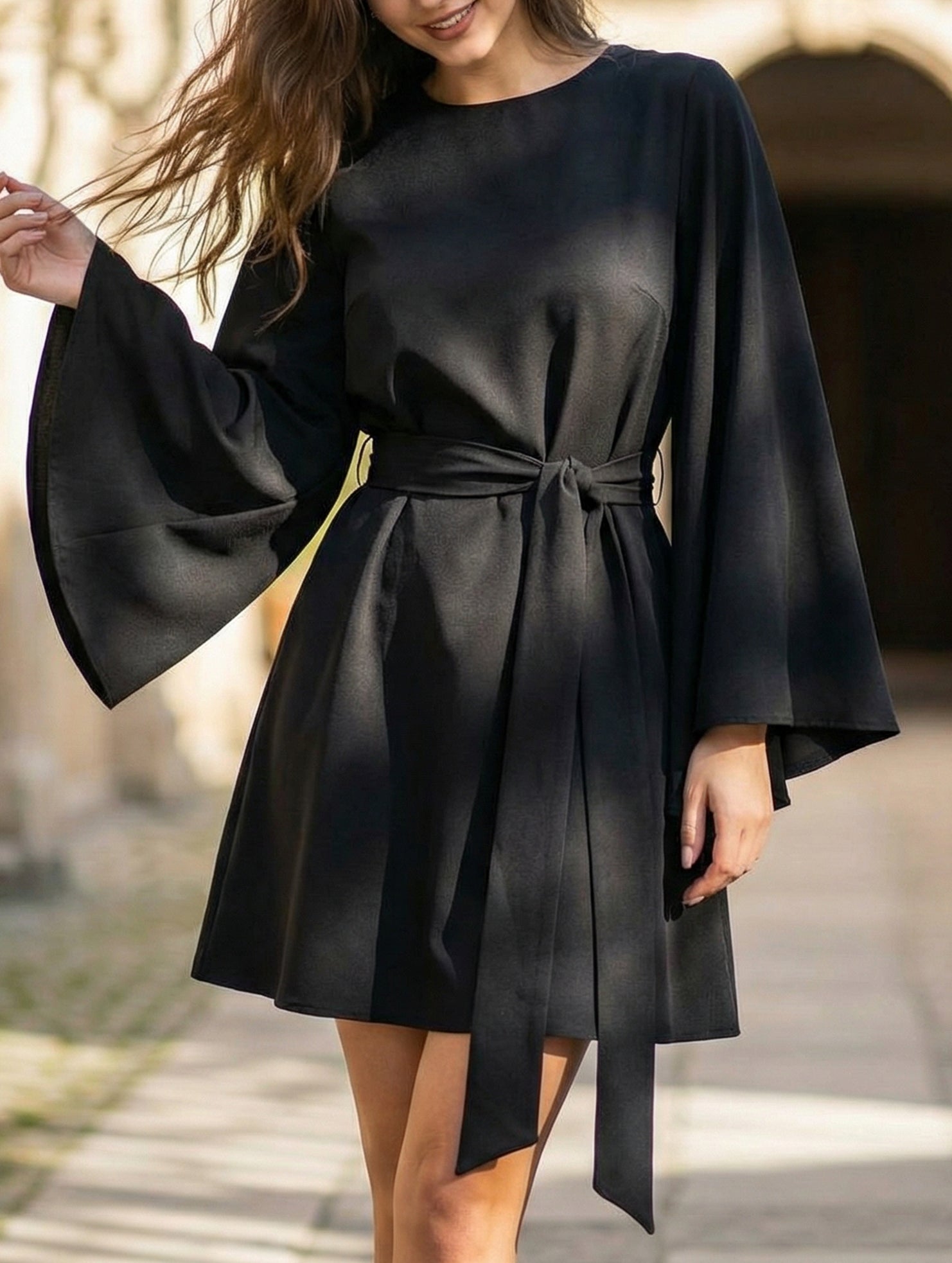 Anna-Berg | Round Neck Flare Sleeve Belted Dress
