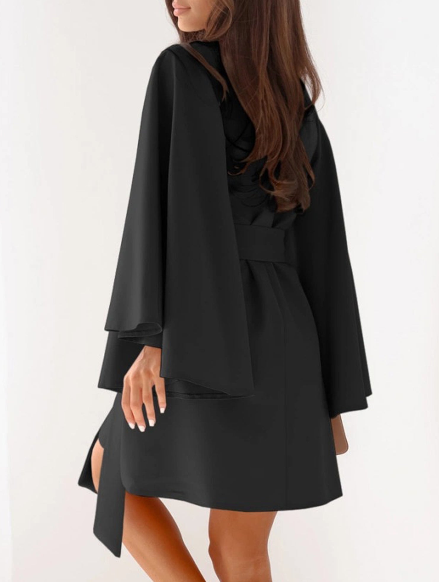 Anna-Berg | Round Neck Flare Sleeve Belted Dress