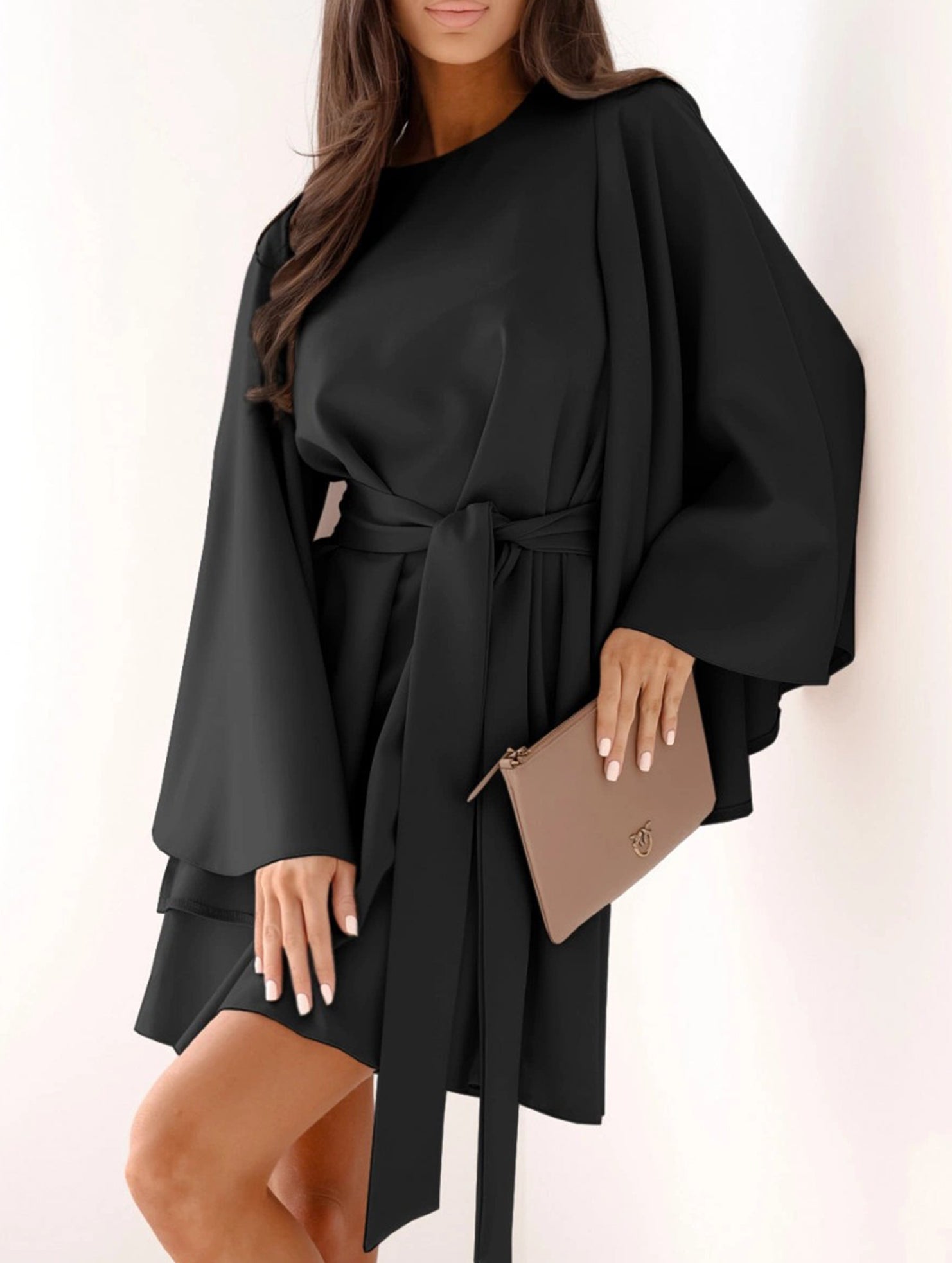 Anna-Berg | Round Neck Flare Sleeve Belted Dress