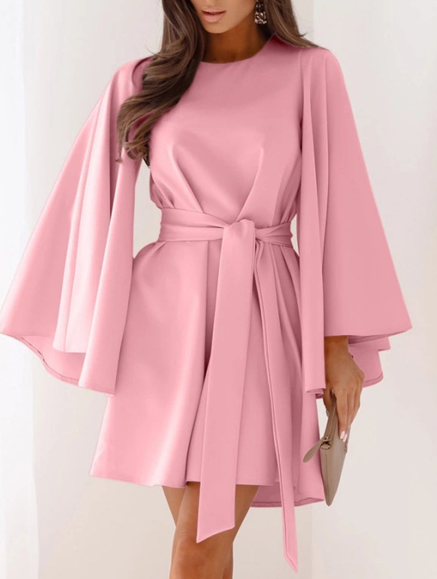 Anna-Berg | Round Neck Flare Sleeve Belted Dress