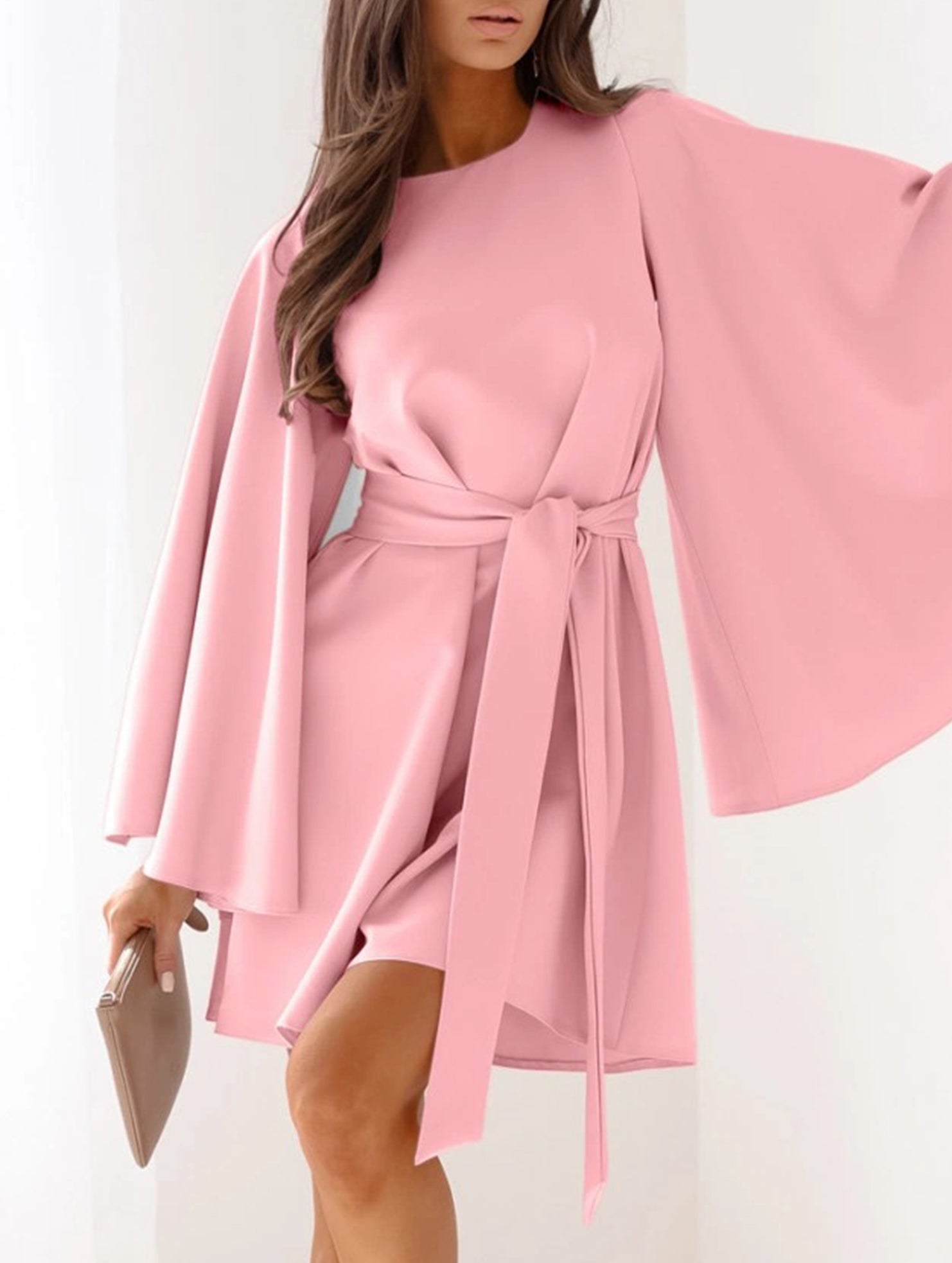 Anna-Berg | Round Neck Flare Sleeve Belted Dress